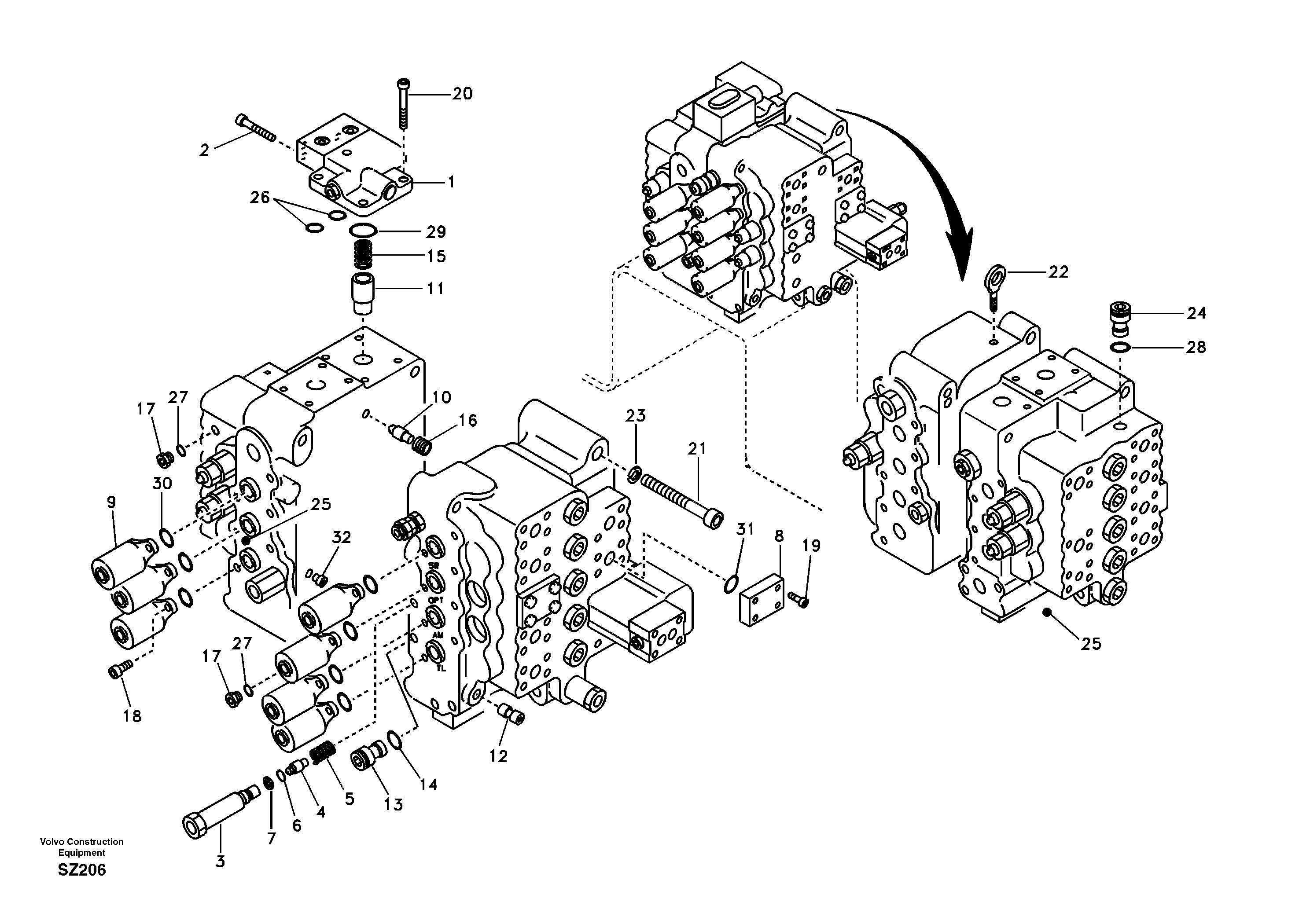 Main control valve, relife valve and boom holding — volvo parts diagram