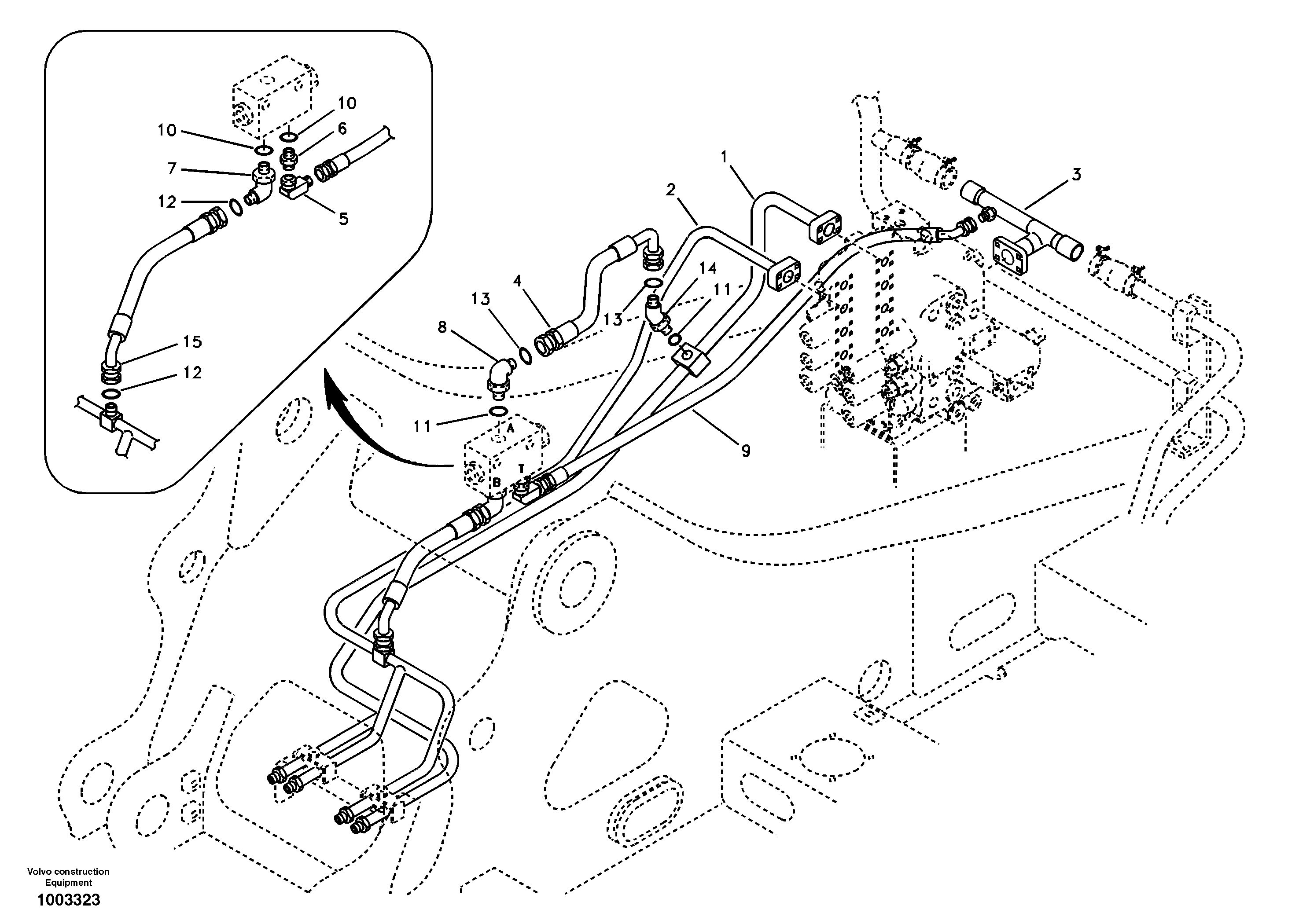 Hydraulic system, control valve to boom and swing — volvo parts diagram