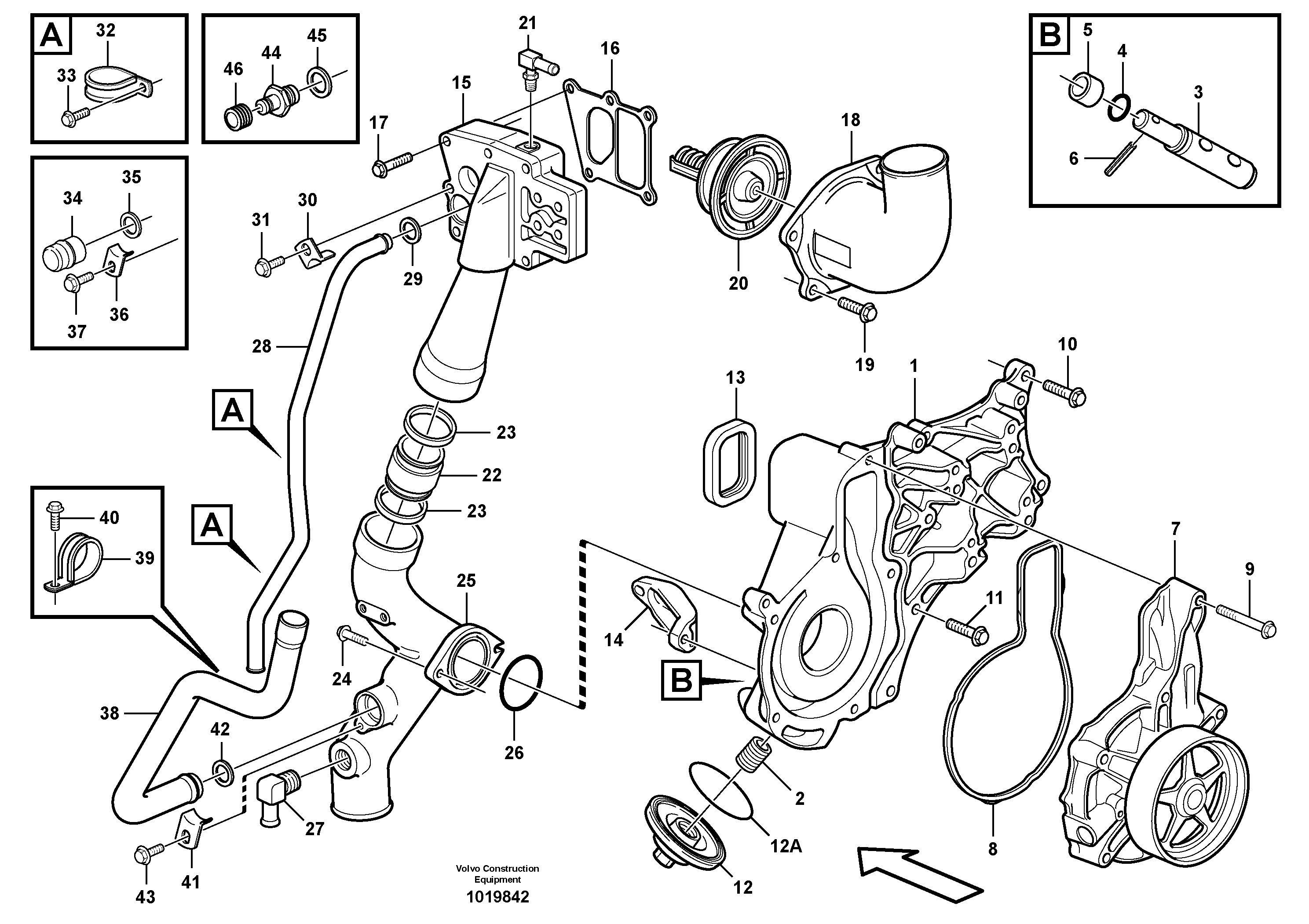 Coolant pump and thermostat housing - D9 — volvo parts diagram
