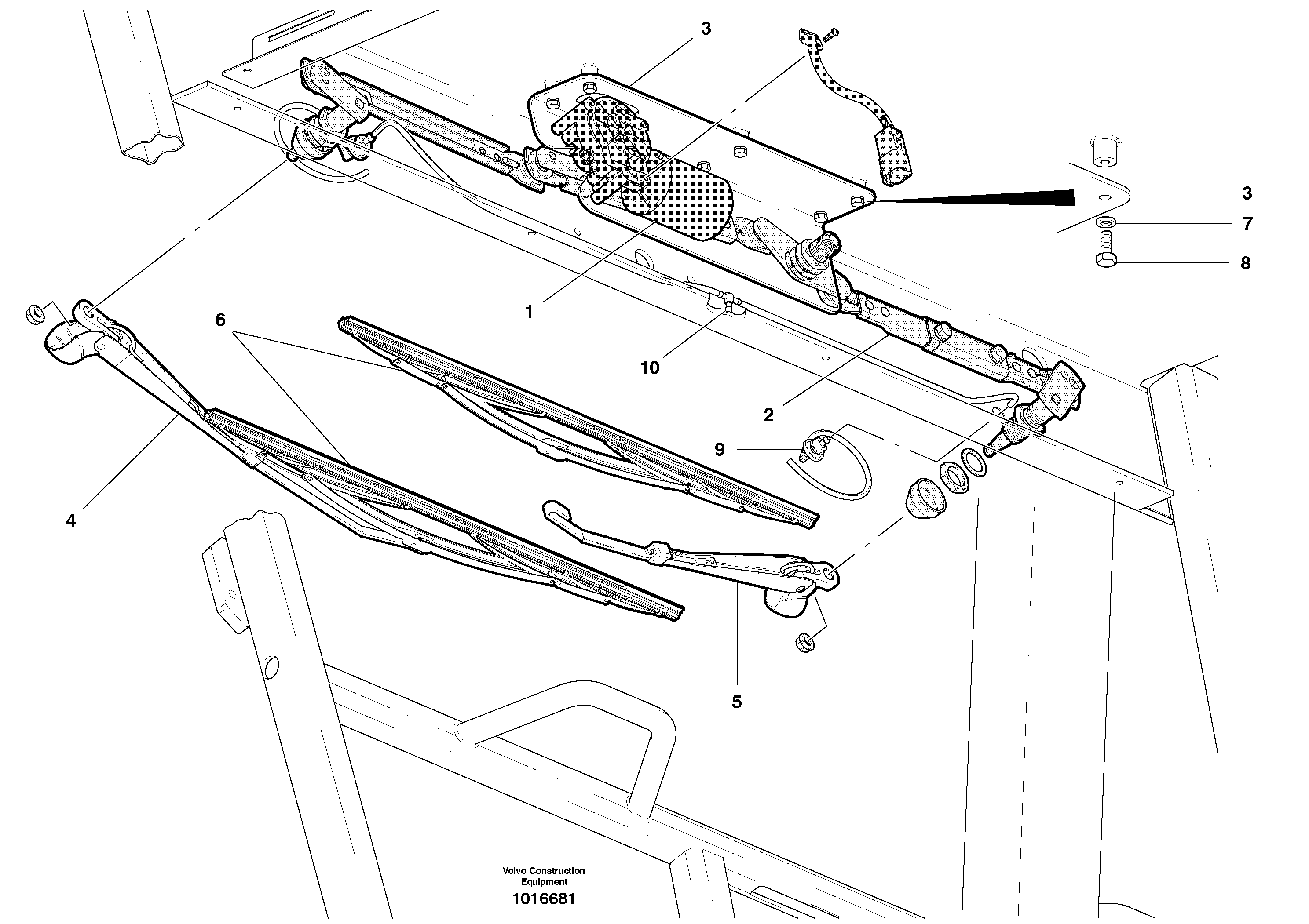 Window Wipers Low Profile Cab Front & Rear 2 Arm — volvo parts diagram