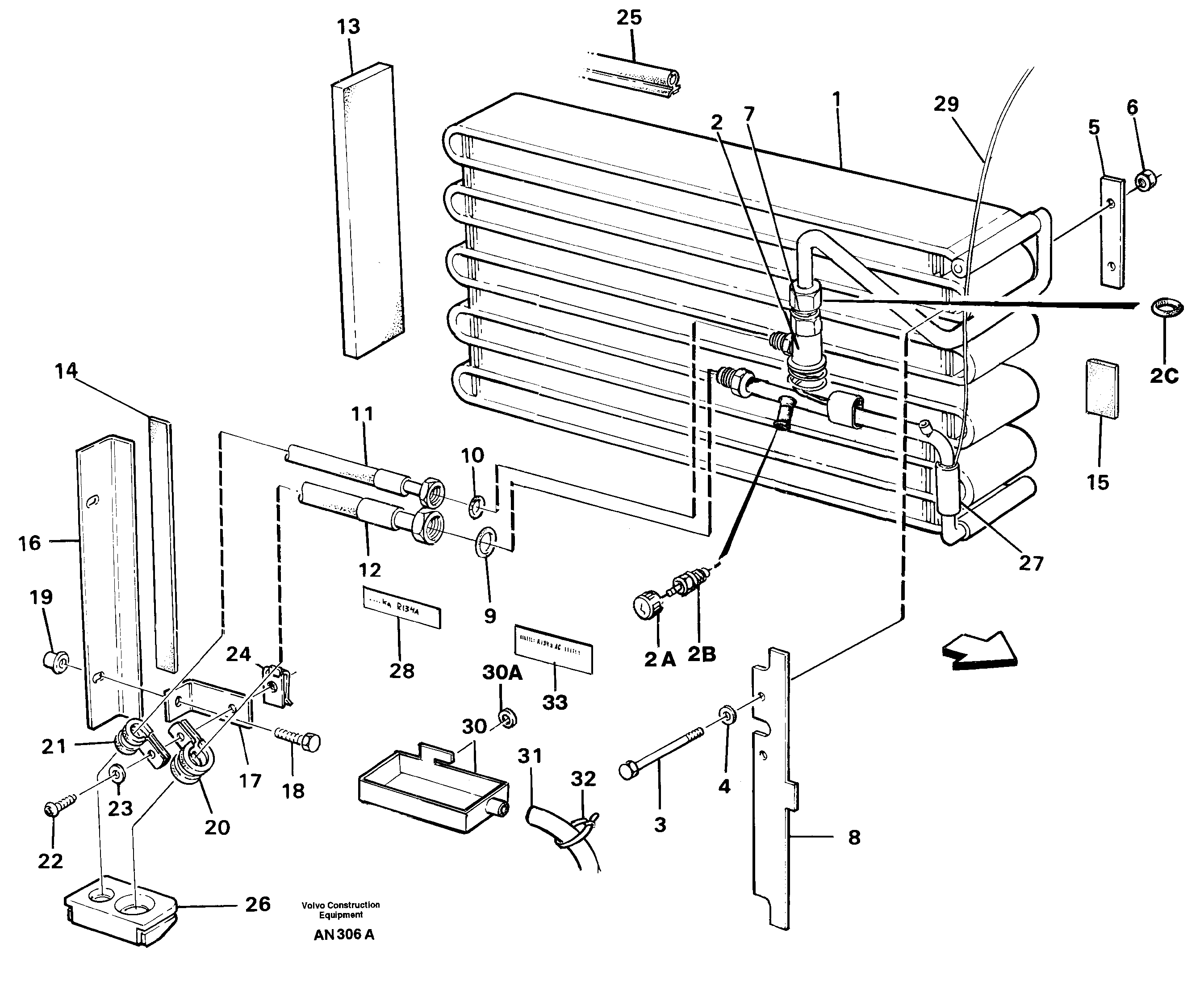 Evaporator for cooling agent R134a, with fitting parts.  94561, 94838 — volvo parts diagram