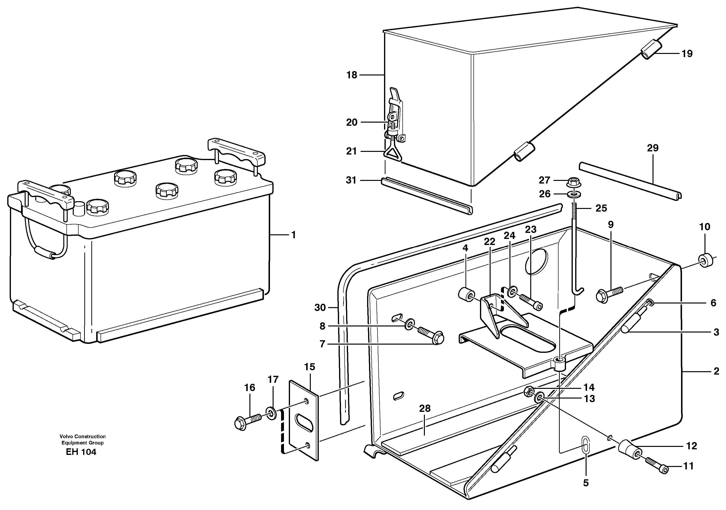 Battery box with fitting parts — volvo parts diagram