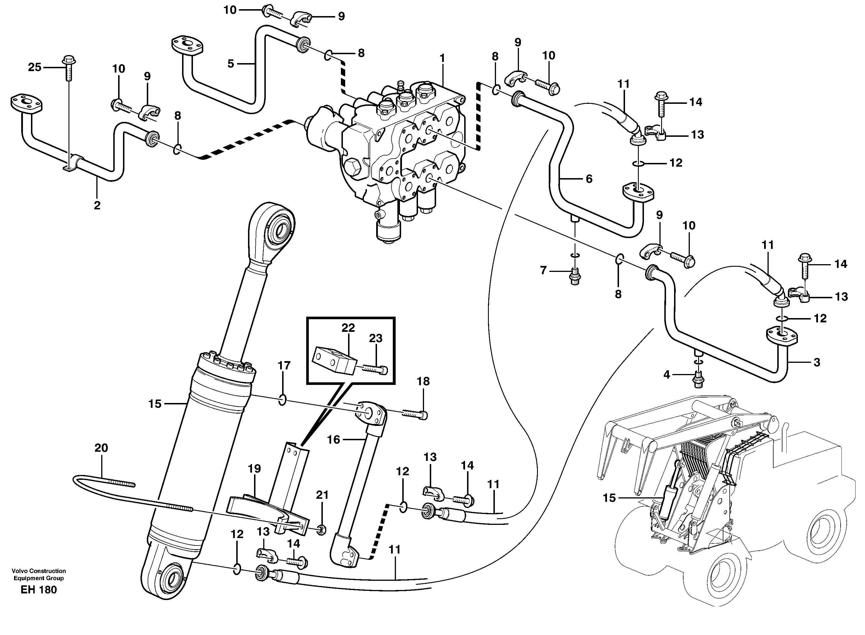 Hydraulic cylinder with hose assembly, tilt function — volvo parts diagram
