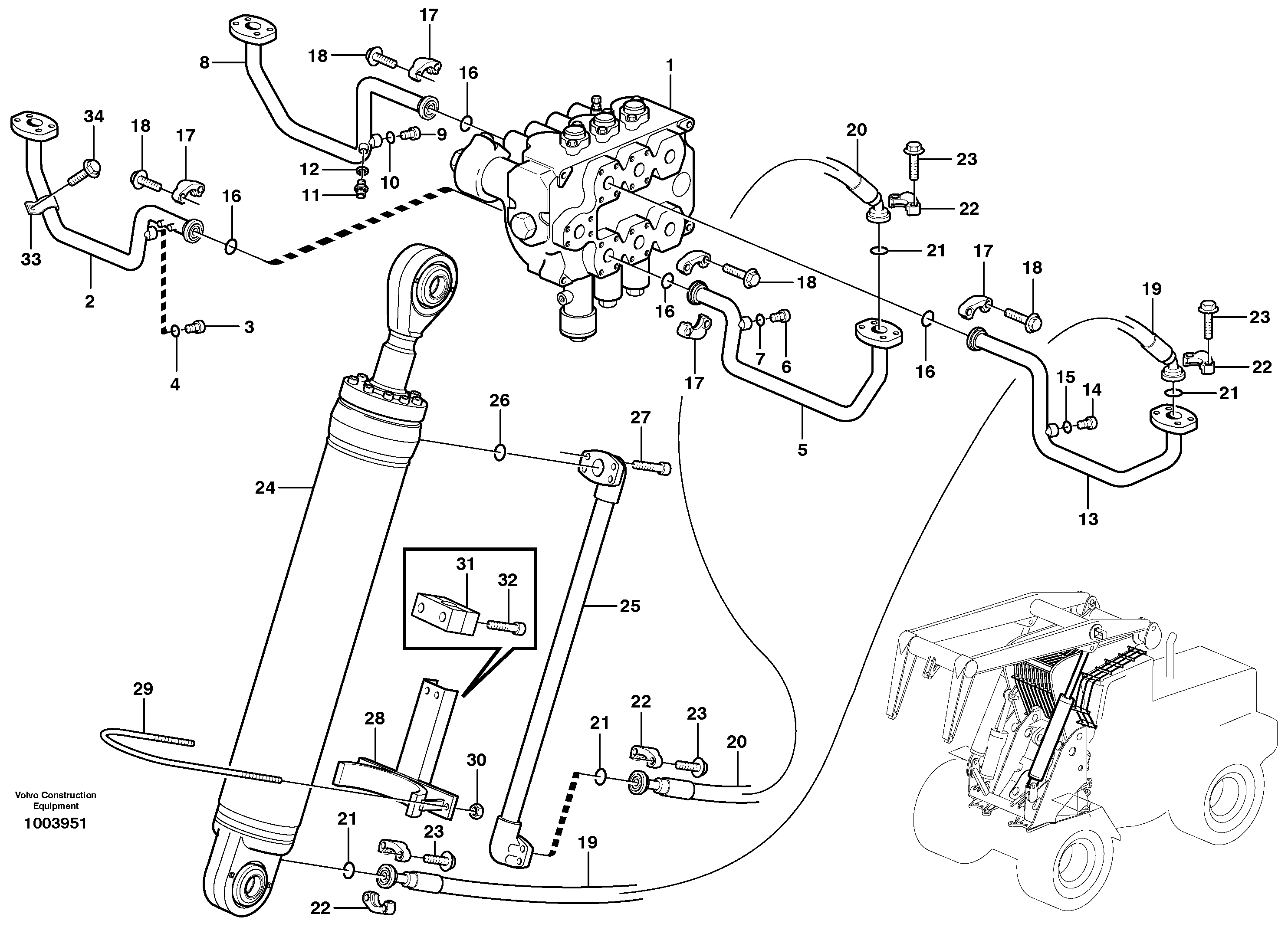 Hydraulic cylinder with hose assembly, lift function — volvo parts diagram