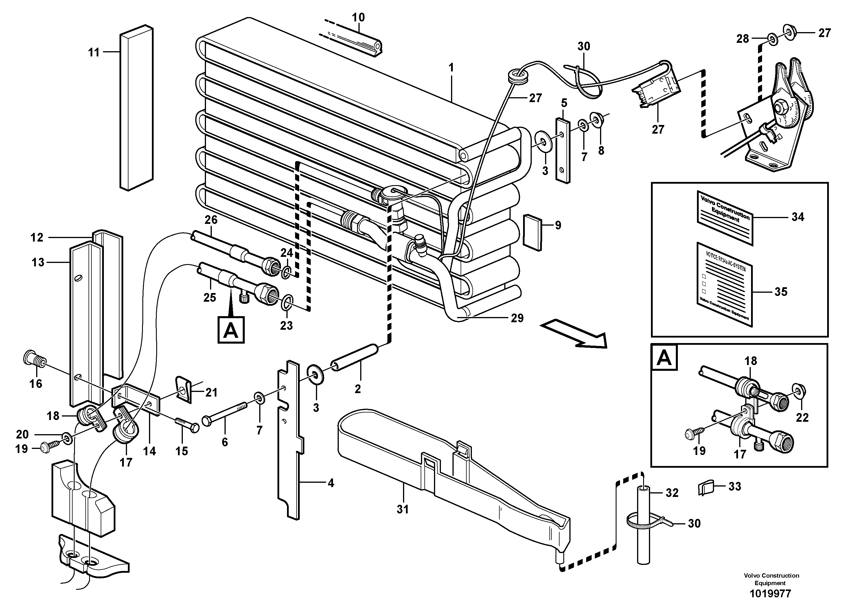Evaporator for cooling agent R134a with fitting parts.  83092, 83094 — volvo parts diagram