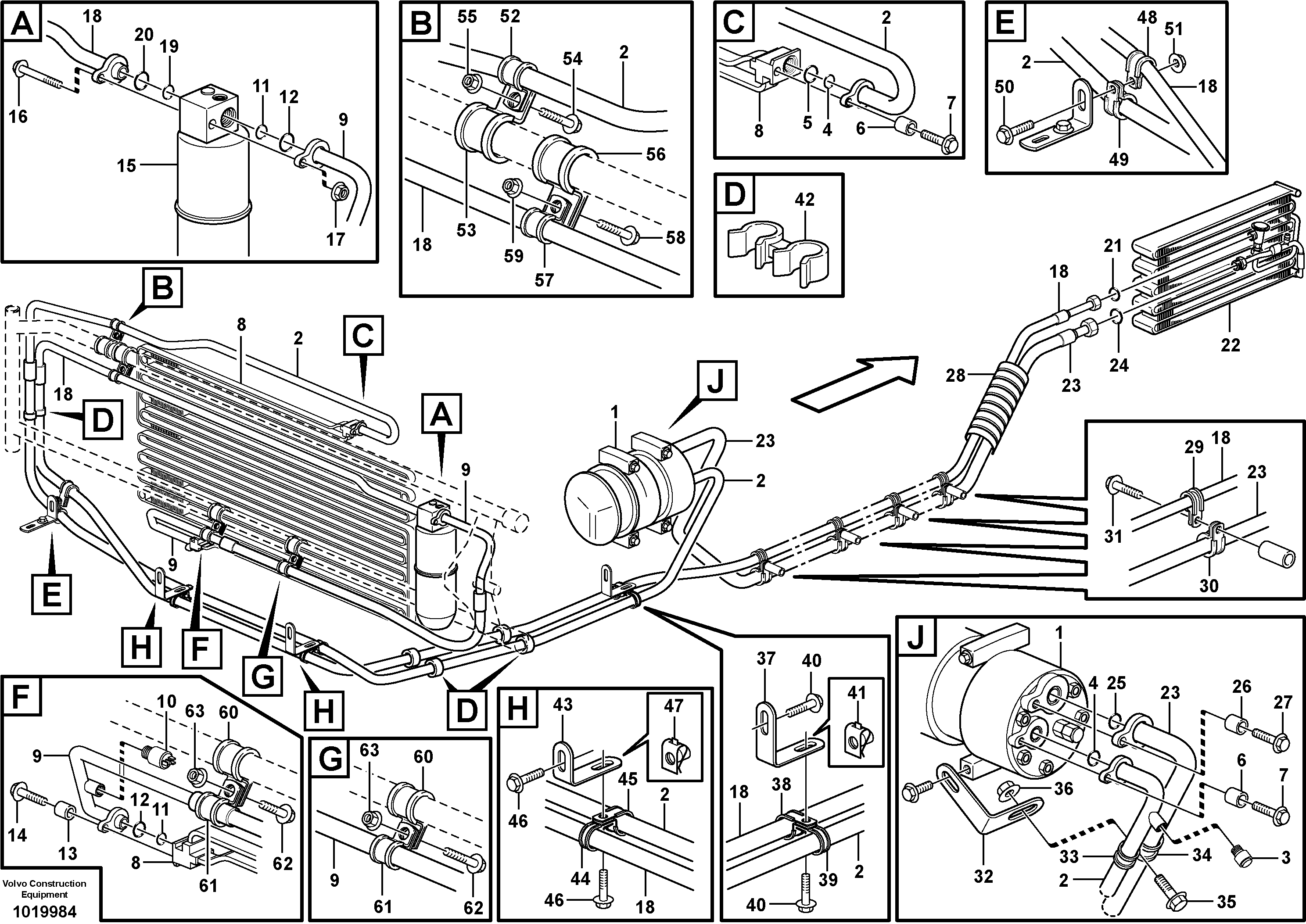 Assembly of hose: evaparator, receiver drier and condenser.  83092, 83094 — volvo parts diagram