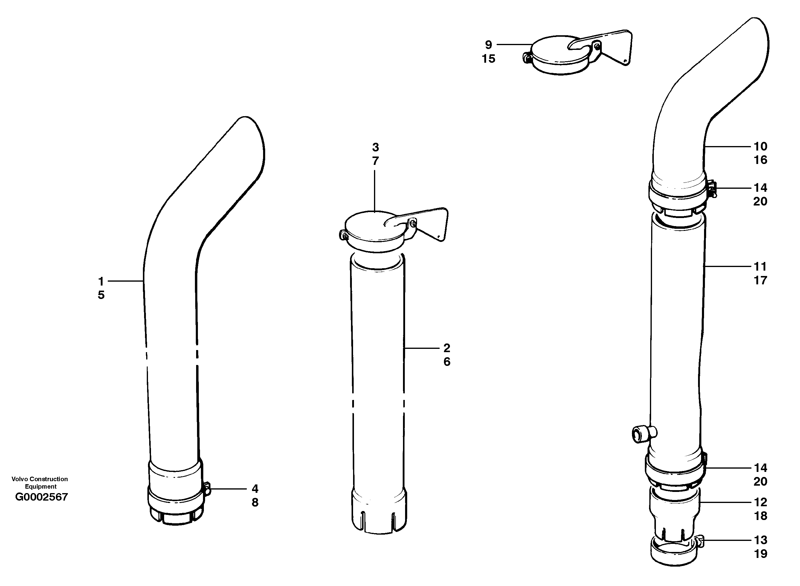 Exhaust stack and rain cap installations — volvo parts diagram