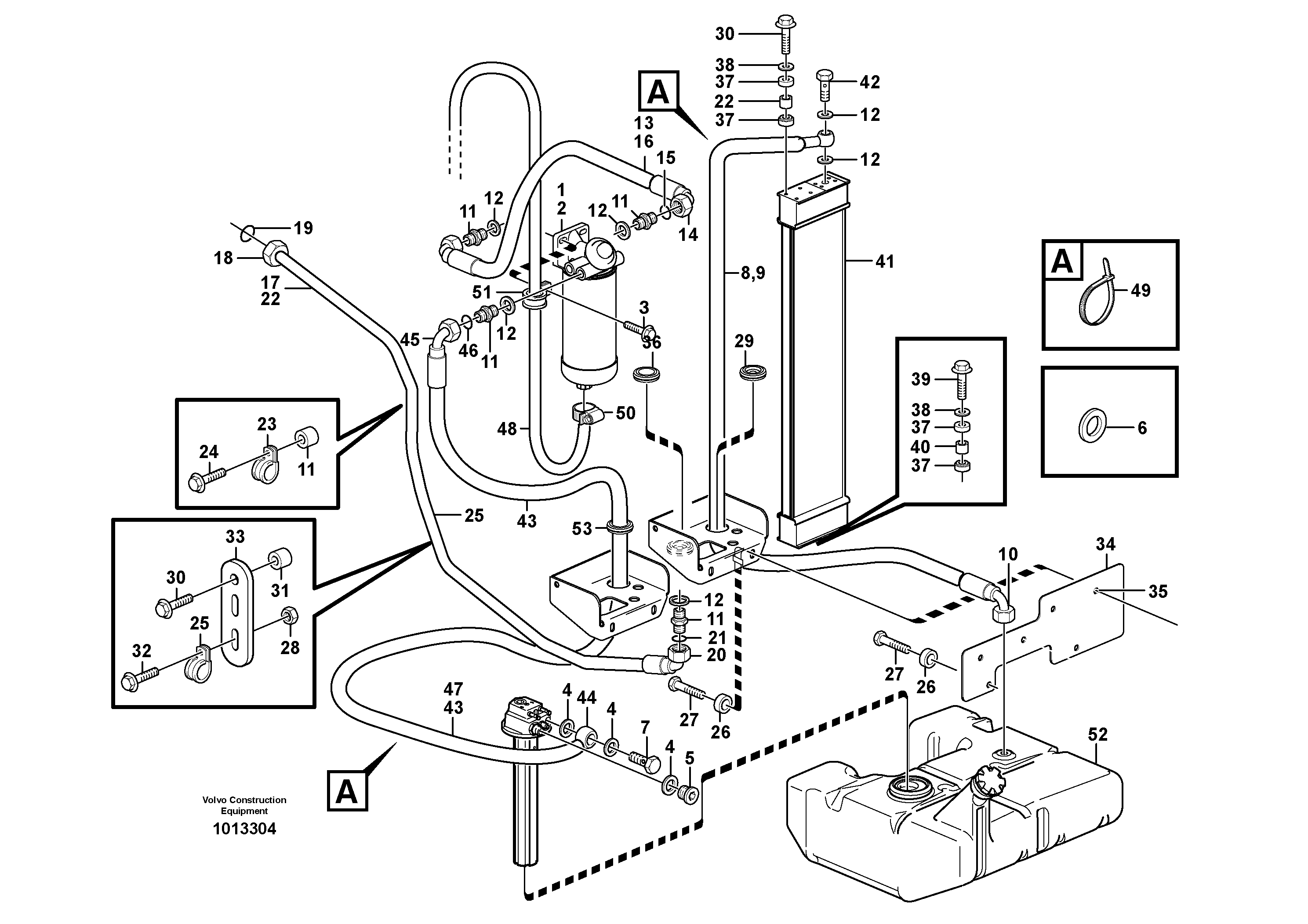 Fuel pipes, fuel tank - injection pump  STD, OPEN ROPS — volvo parts diagram