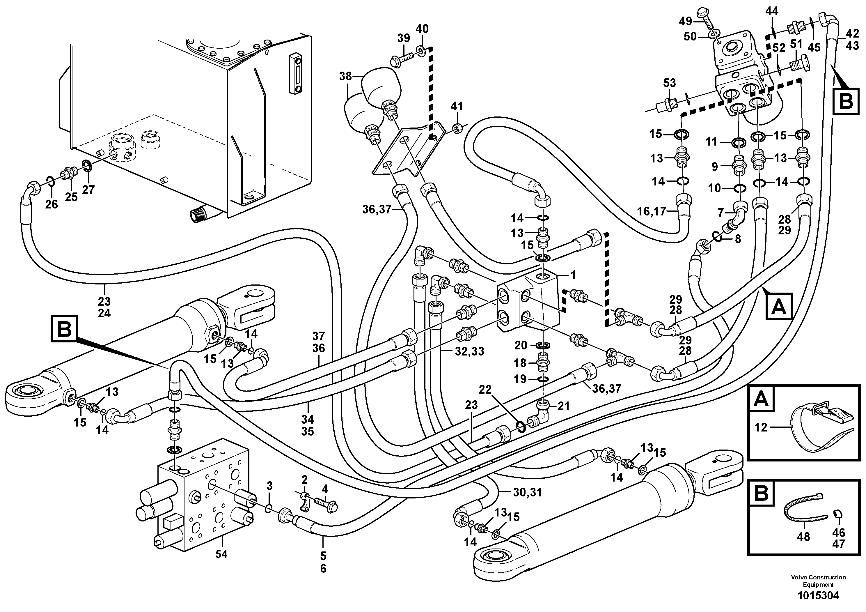 Steering system, pressure and return lines  S/N 1628 - SWE, 60297 - USA, 70146 - BRA. — volvo parts diagram