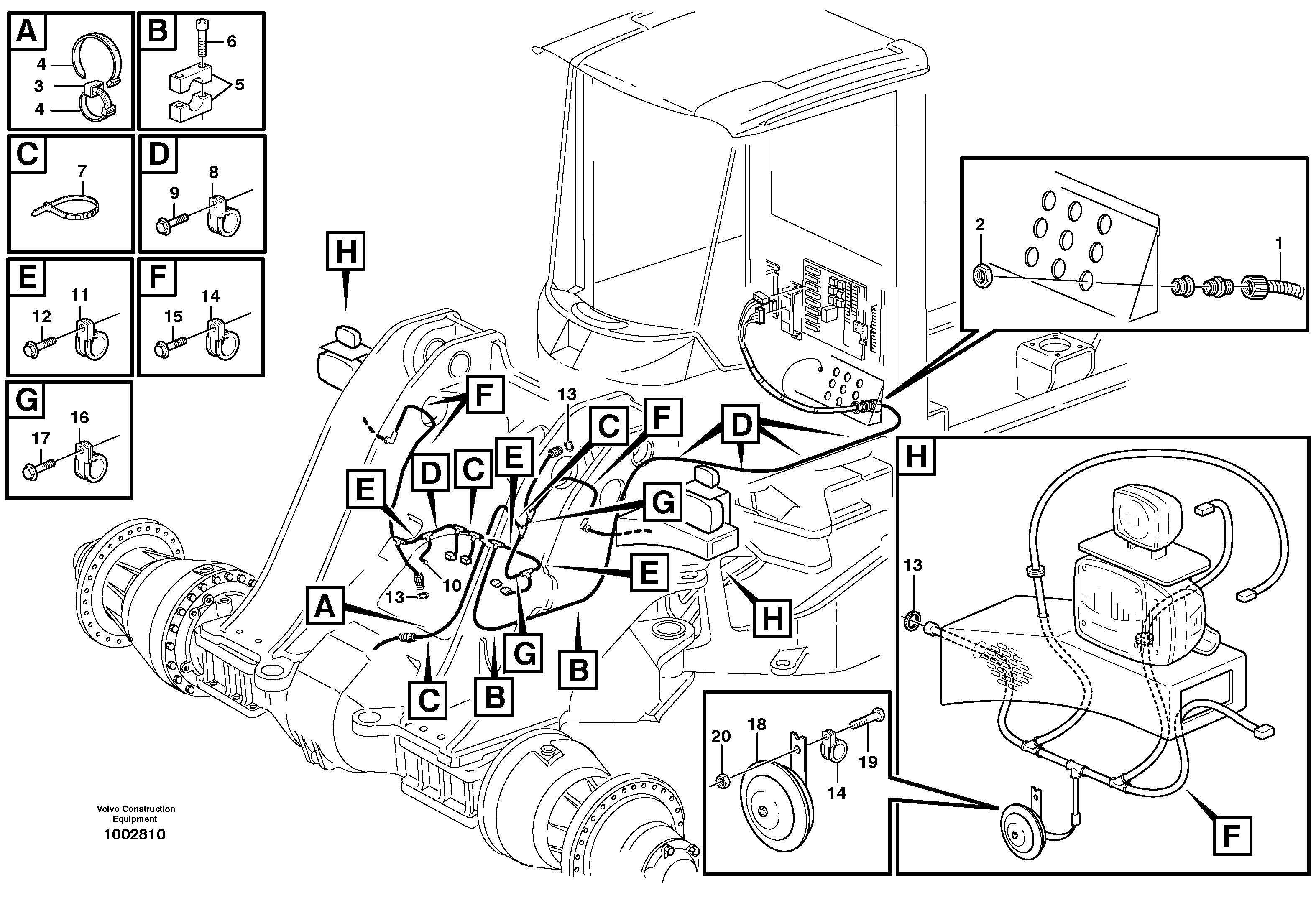 Front cable harness with assembly parts  STD, OPEN ROPS — volvo parts diagram
