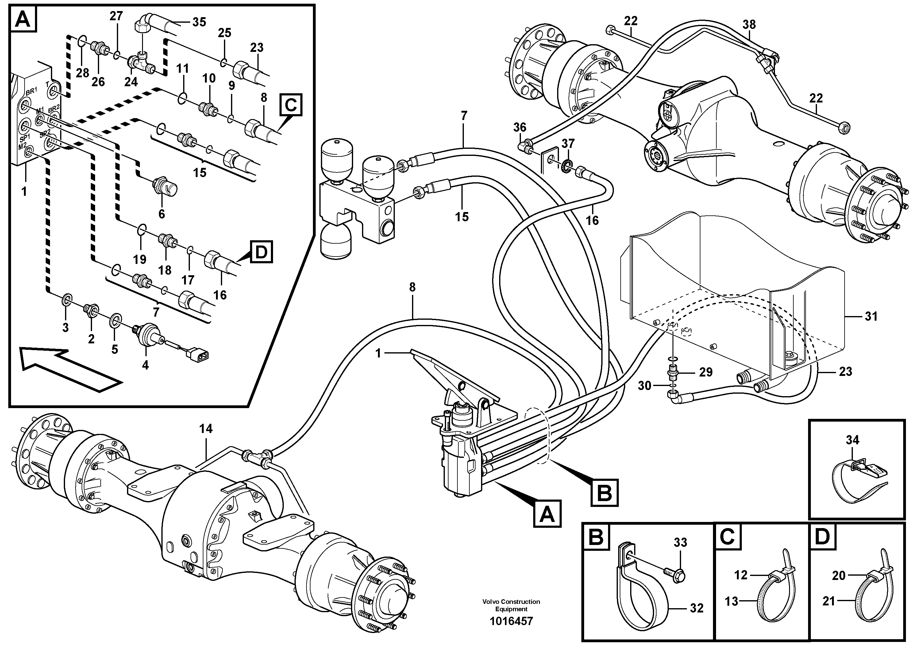 Brake lines, footbrake valve - axles  STD, OPEN ROPS — volvo parts diagram