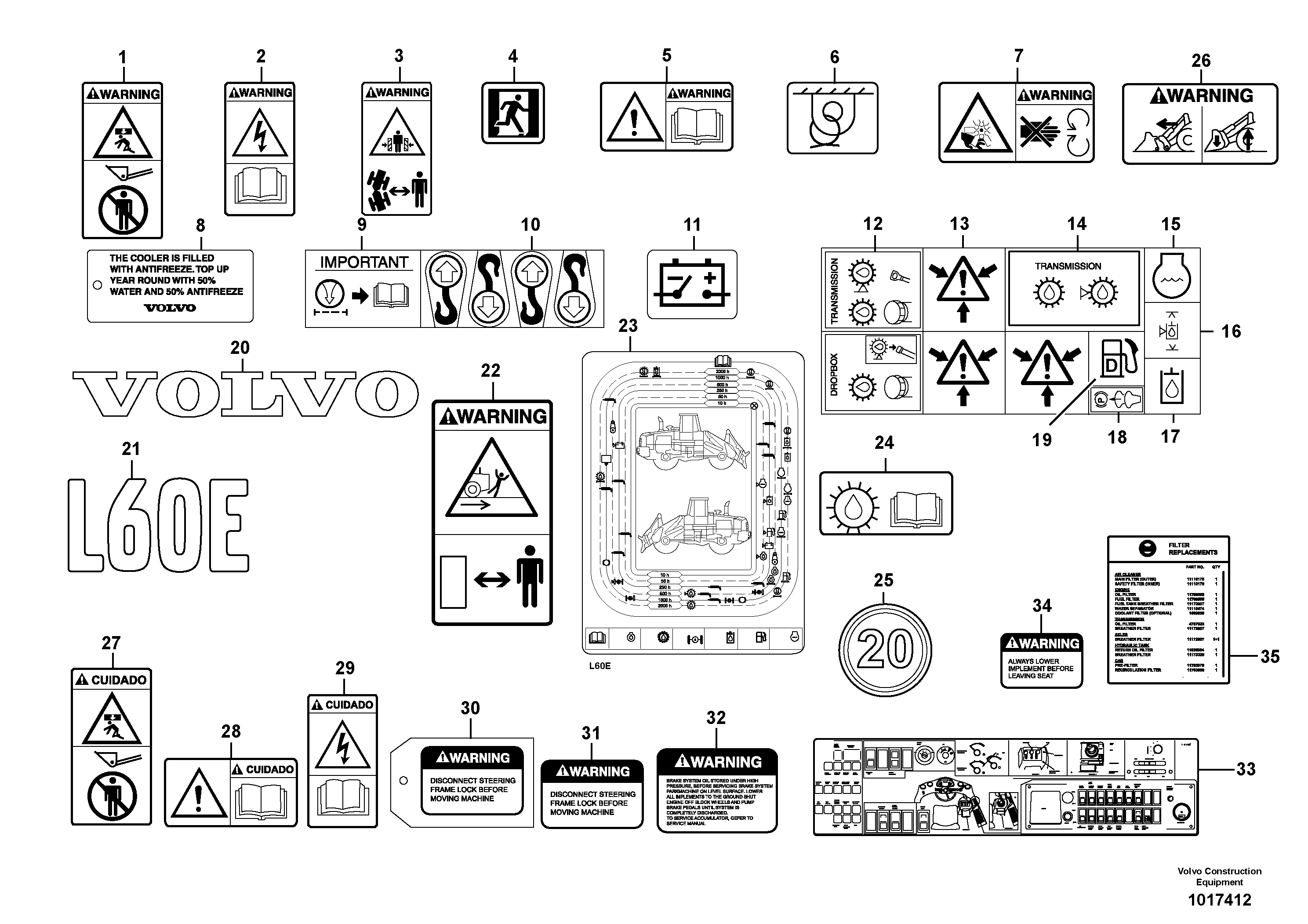 Illustrations of sign plates and decals  STD, OPEN ROPS — volvo parts diagram