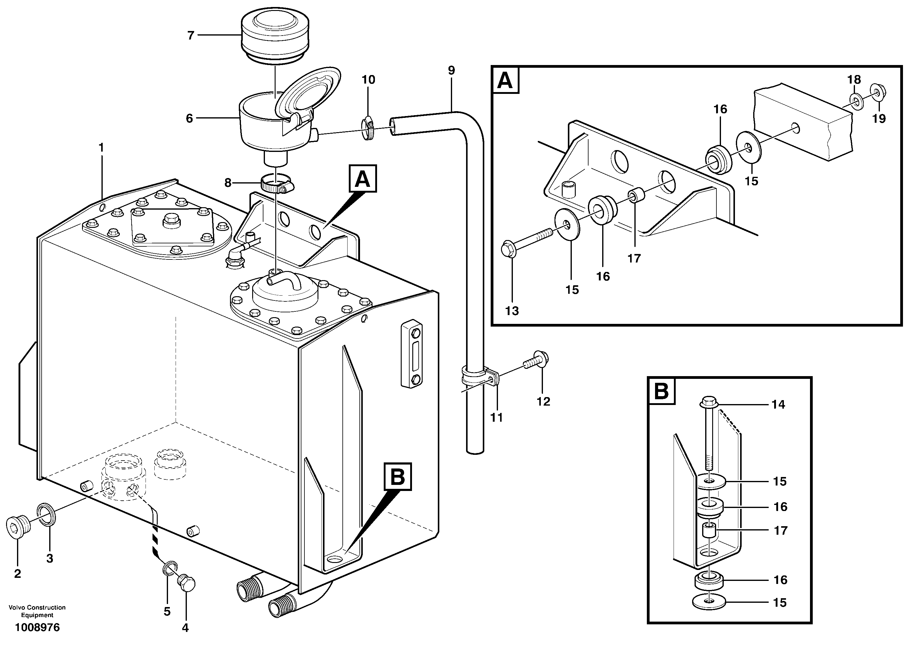Hydraulic oil tank, with fitting parts  STD, OPEN ROPS — volvo parts diagram