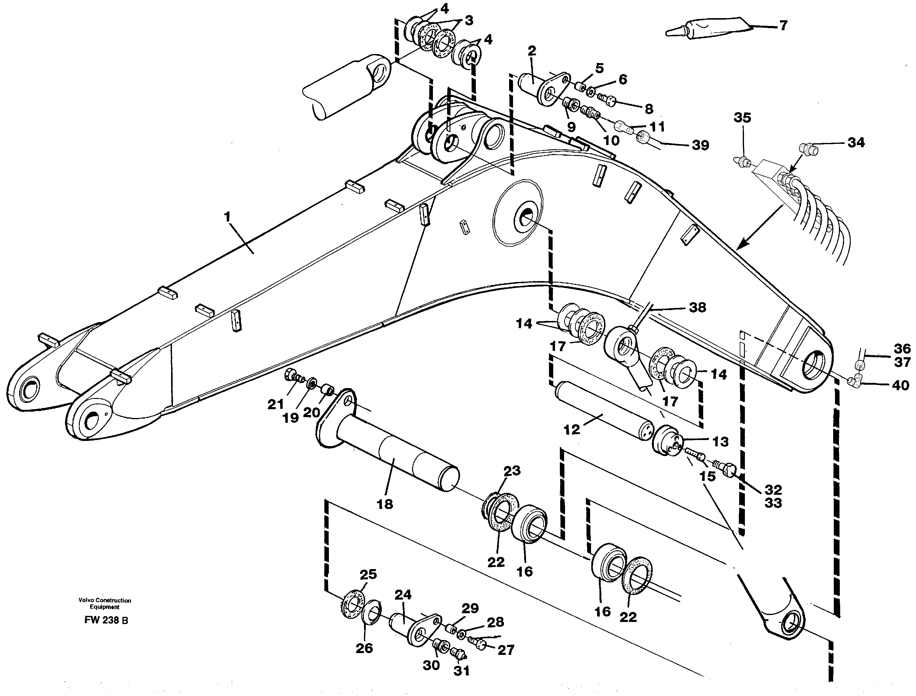 Backhoe boom incl. attachements  14302151: 6,4M, 14302152, 5,8M — volvo parts diagram