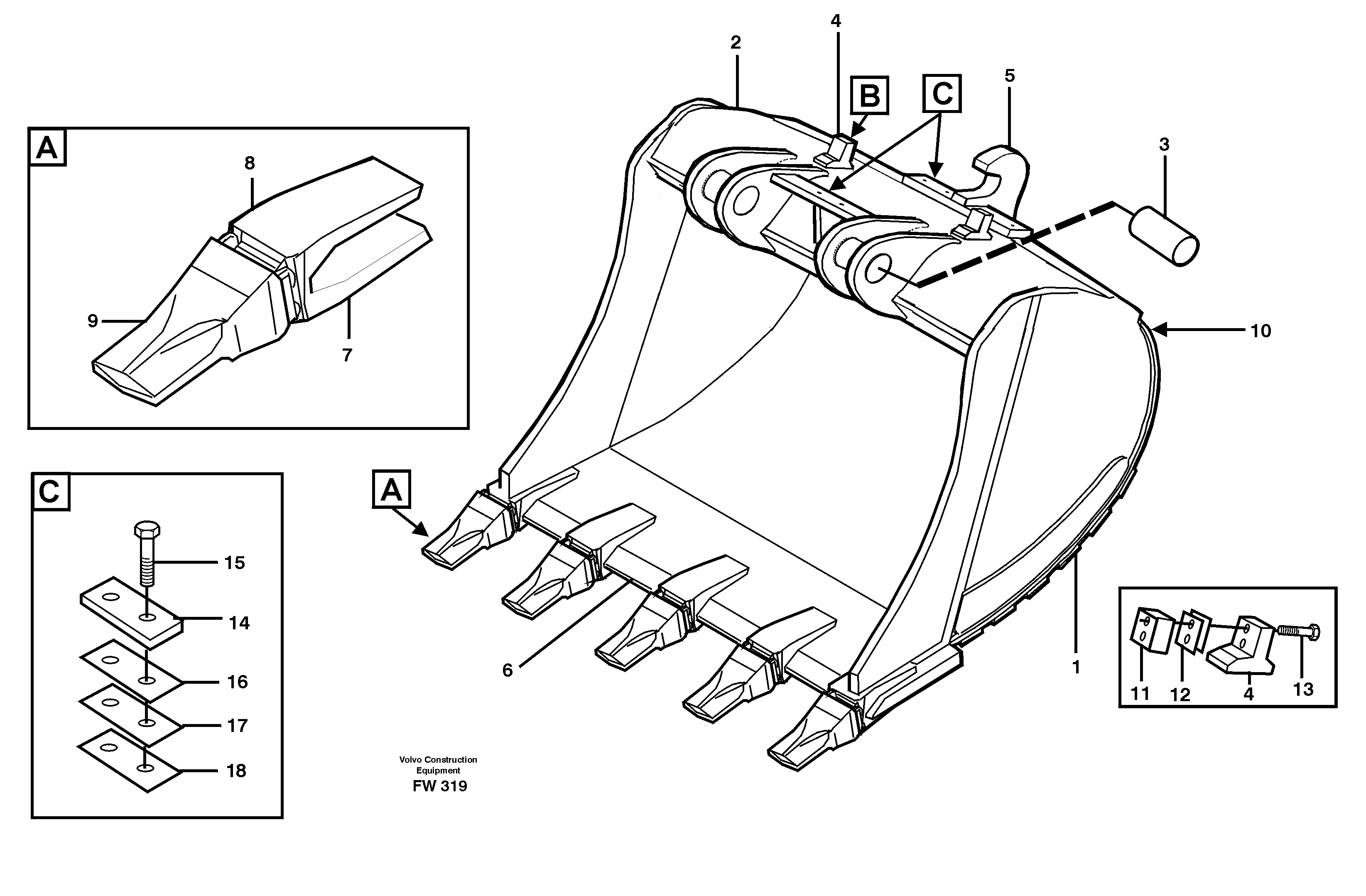 Buckets for Quickfit Esco Super V  14302227, 14302228, 14302229, 14302230 — volvo parts diagram