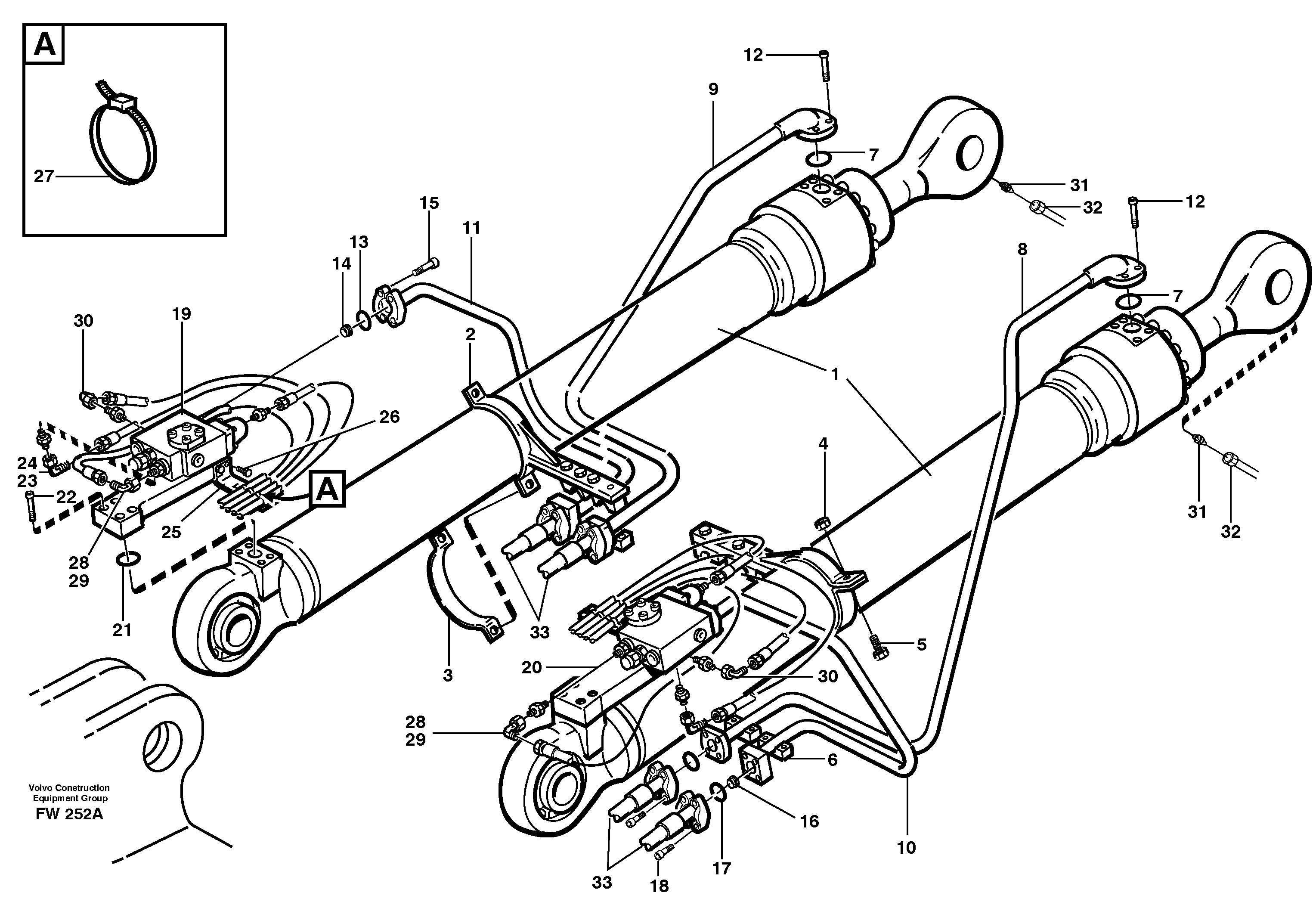 Cylinder hydraulics, backhoe boom  14302151:6,4M , 14302152:5,8M — volvo parts diagram
