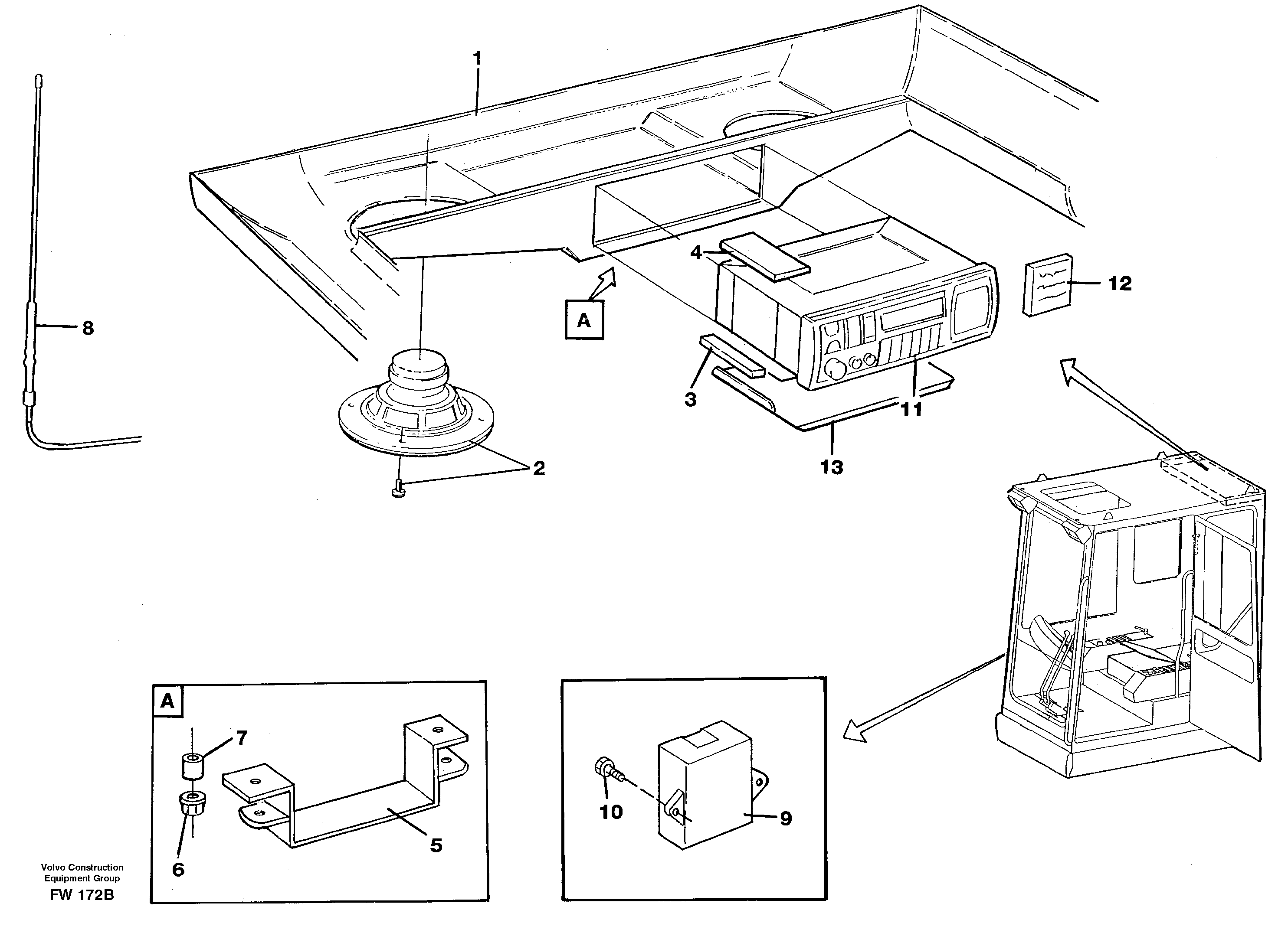 Cassette radio recorder withmounting details — volvo parts diagram