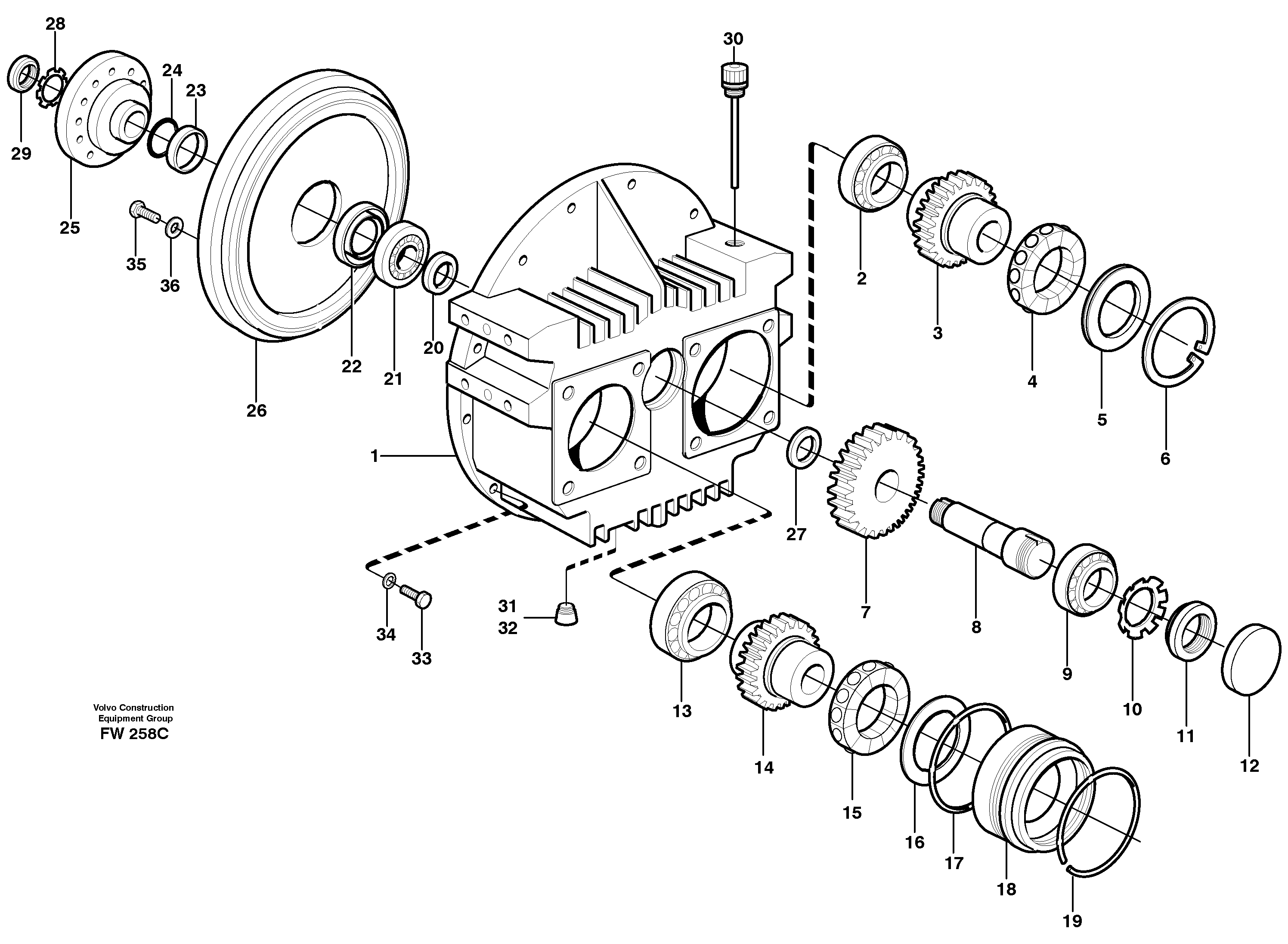Pump gear box with assemblying parts — volvo parts diagram
