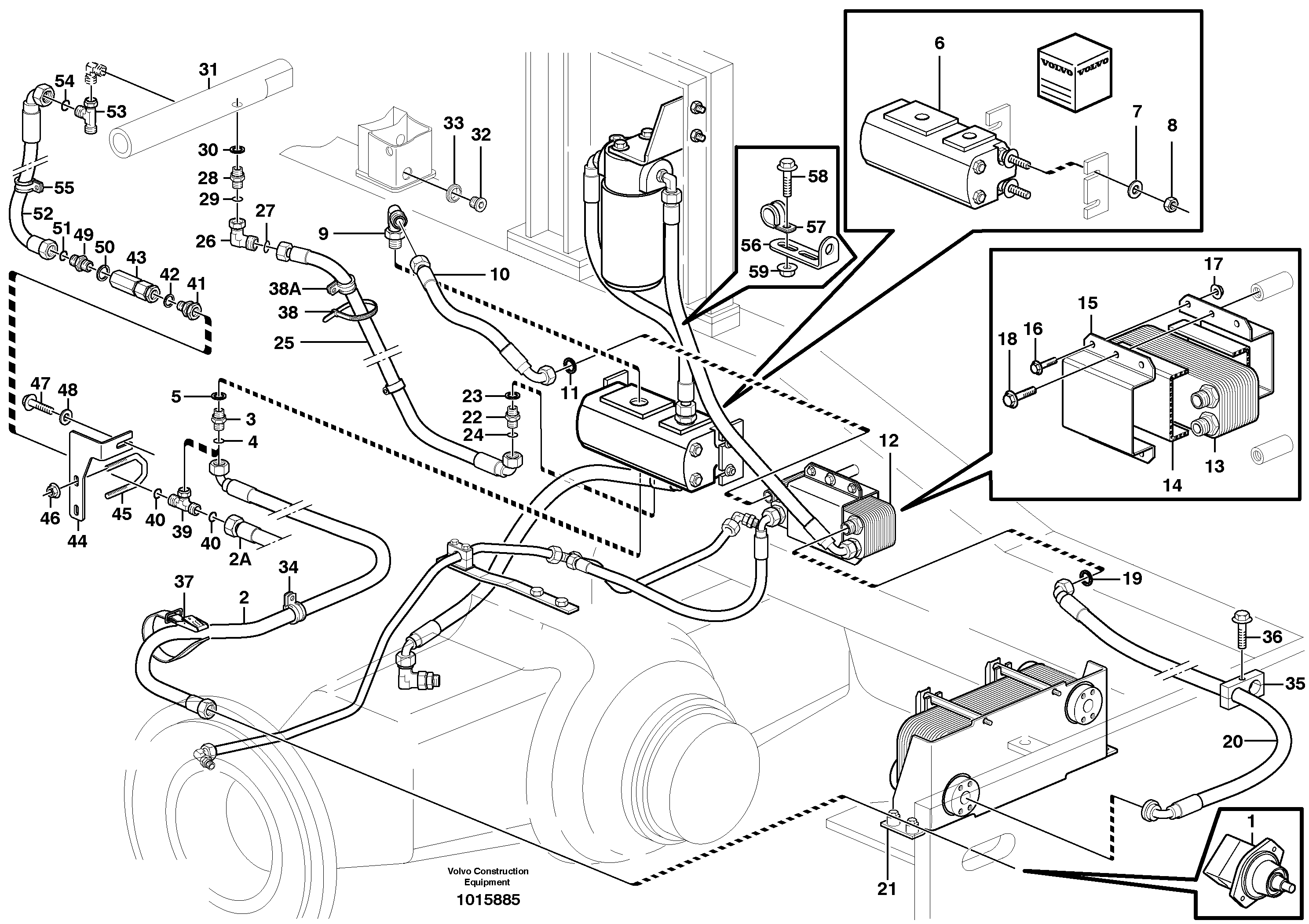 Oil cooler, rear, motor circuit.  80829, 82606, 82649, 82659 — volvo parts diagram