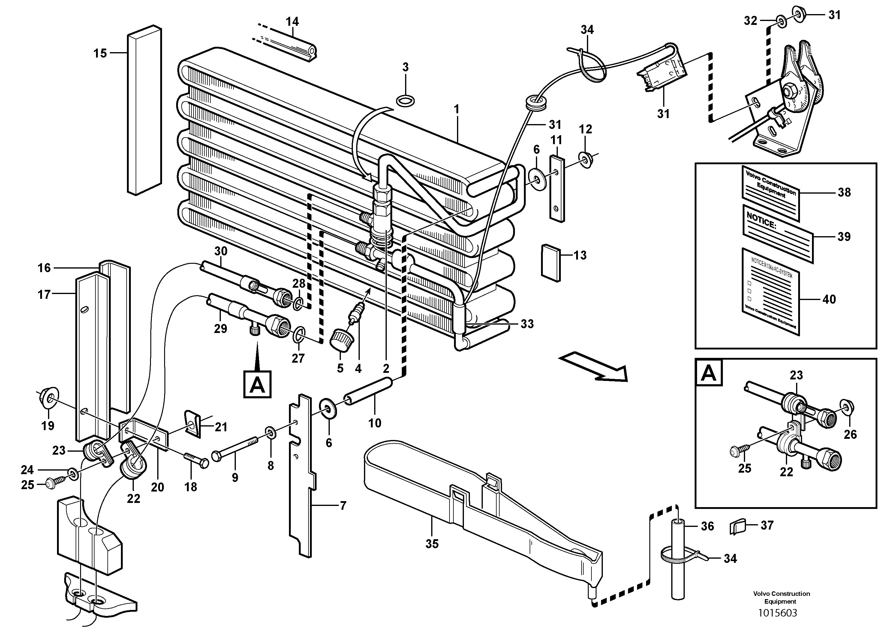 Evaporator for cooling agent R134a with fitting parts.  80848, 82778 — volvo parts diagram