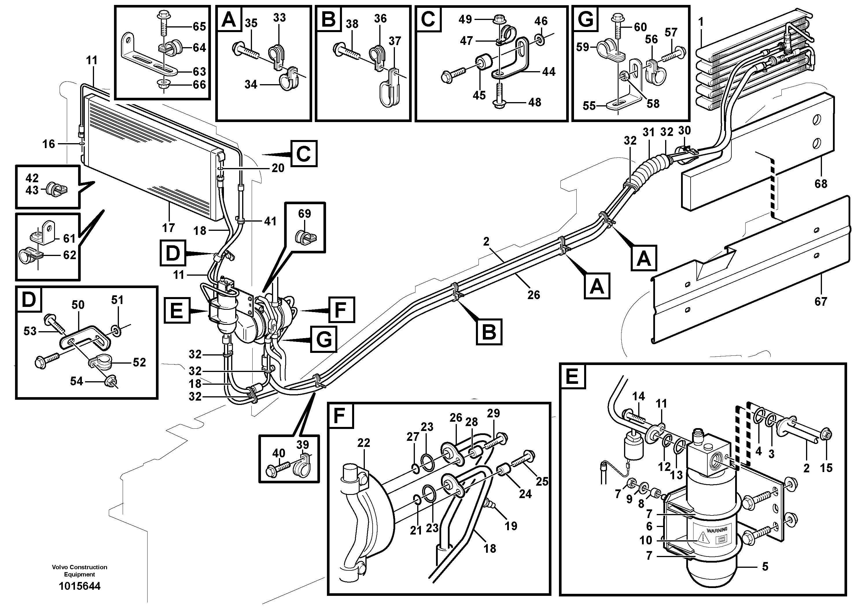 Assembly of hose: evaparator, receiver drier and condenser.  80848 SER NO 6201 - , 82778 SER NO 6201 - — volvo parts diagram
