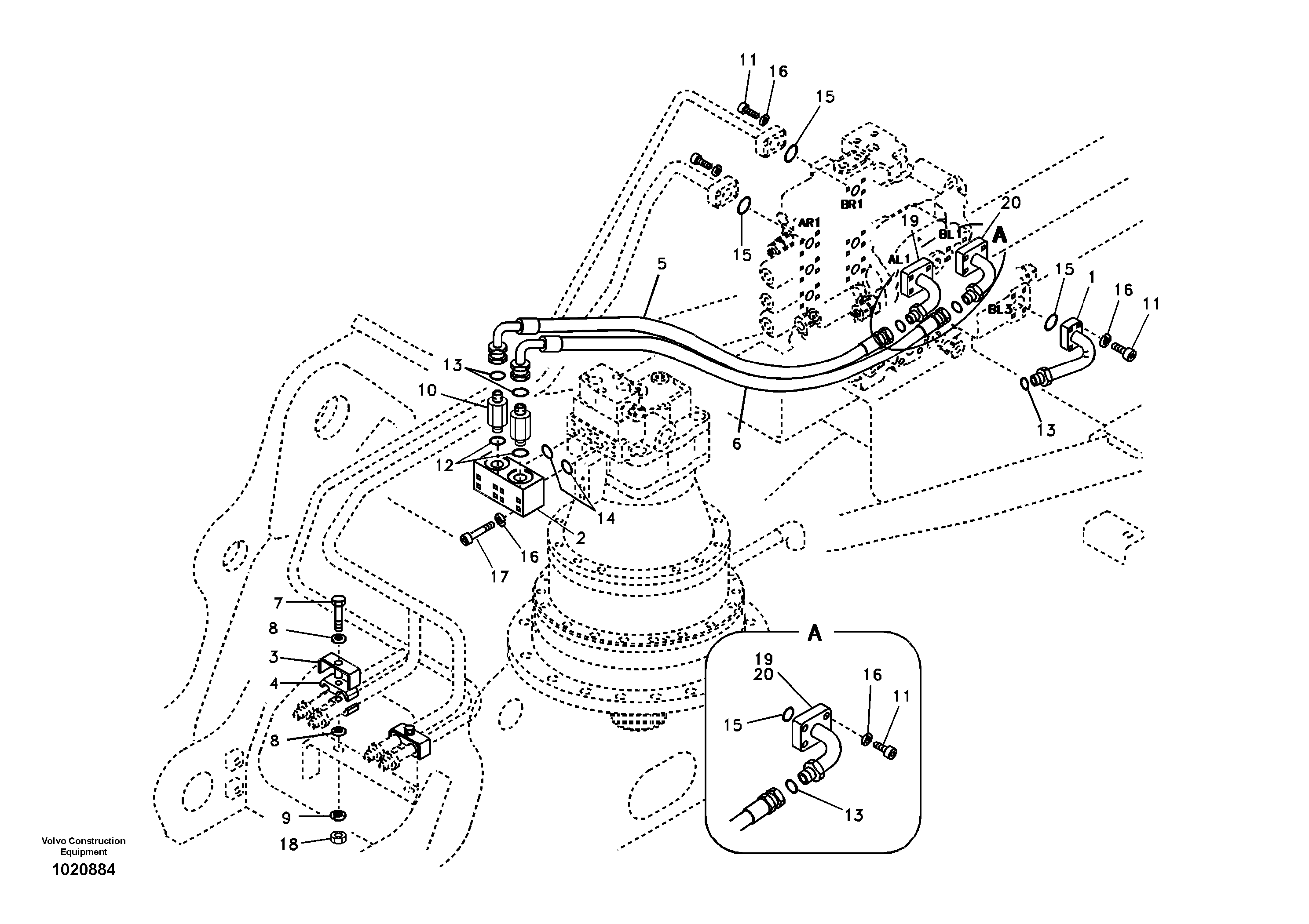 Hydraulic system, control valve to boom and swing — volvo parts diagram