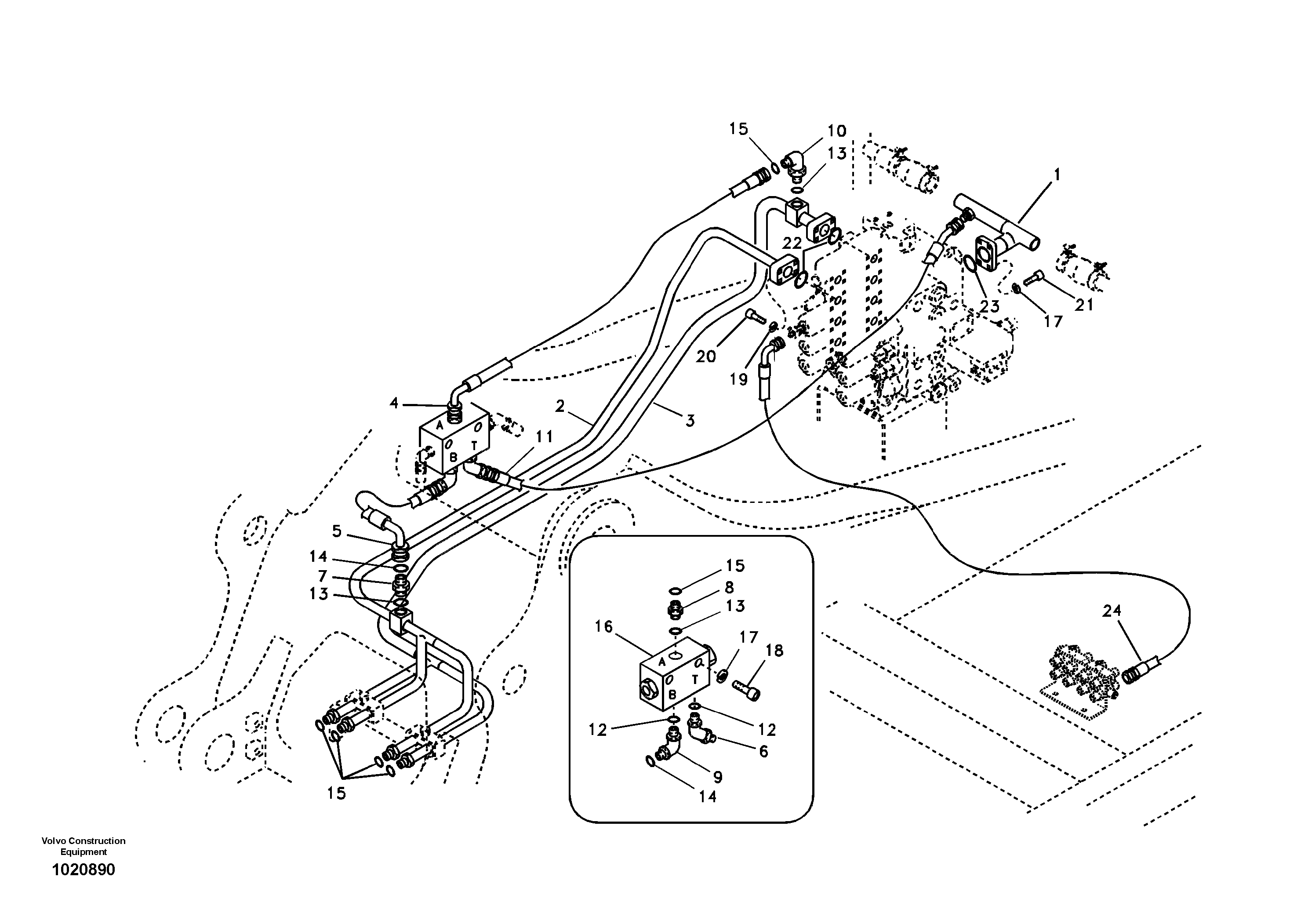 Hydraulic system, control valve to boom and swing — volvo parts diagram