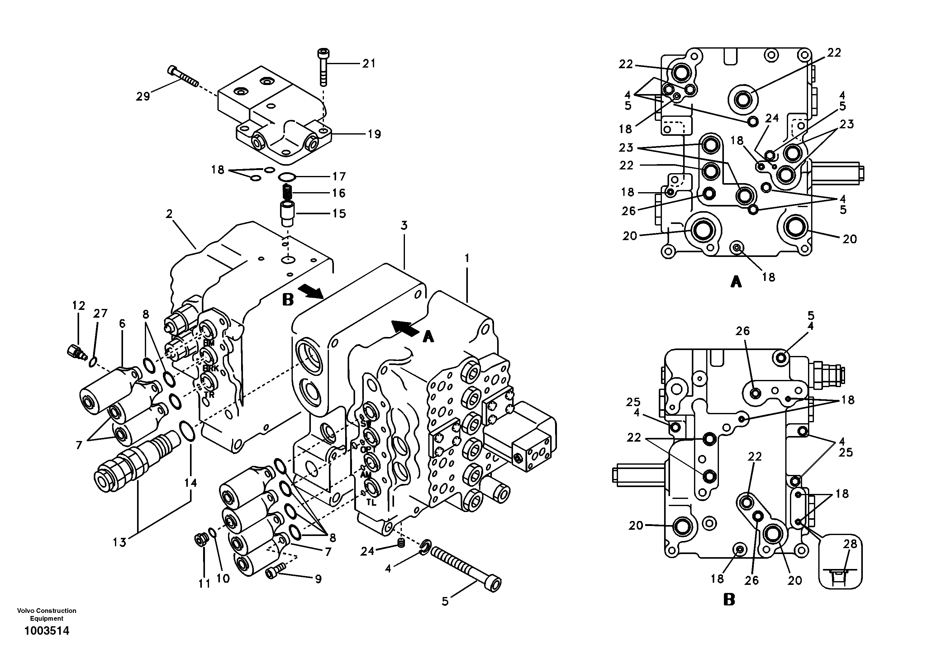 Main control valve, relife valve and boom holding — volvo parts diagram