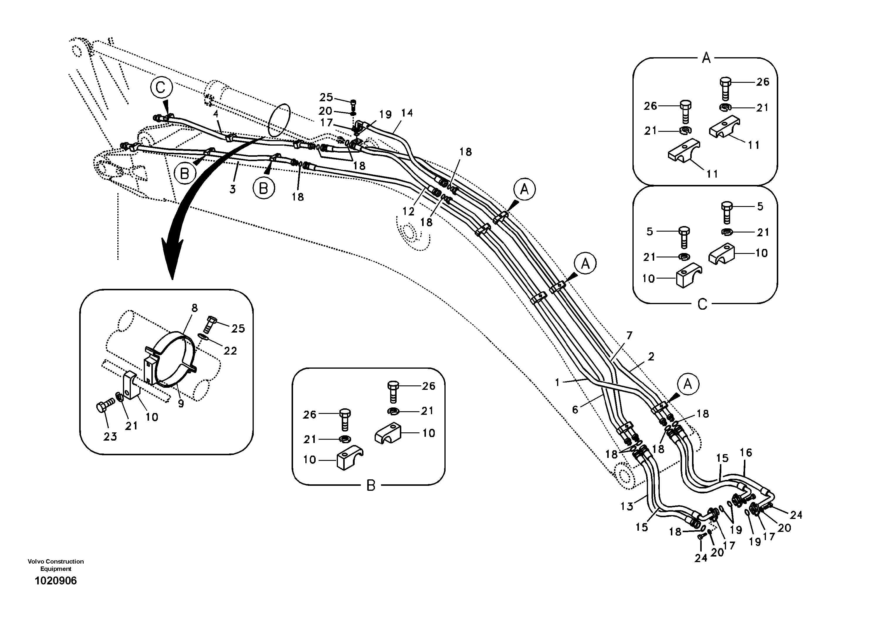 Working hydraulic, dipper arm cylinder on boom. — volvo parts diagram