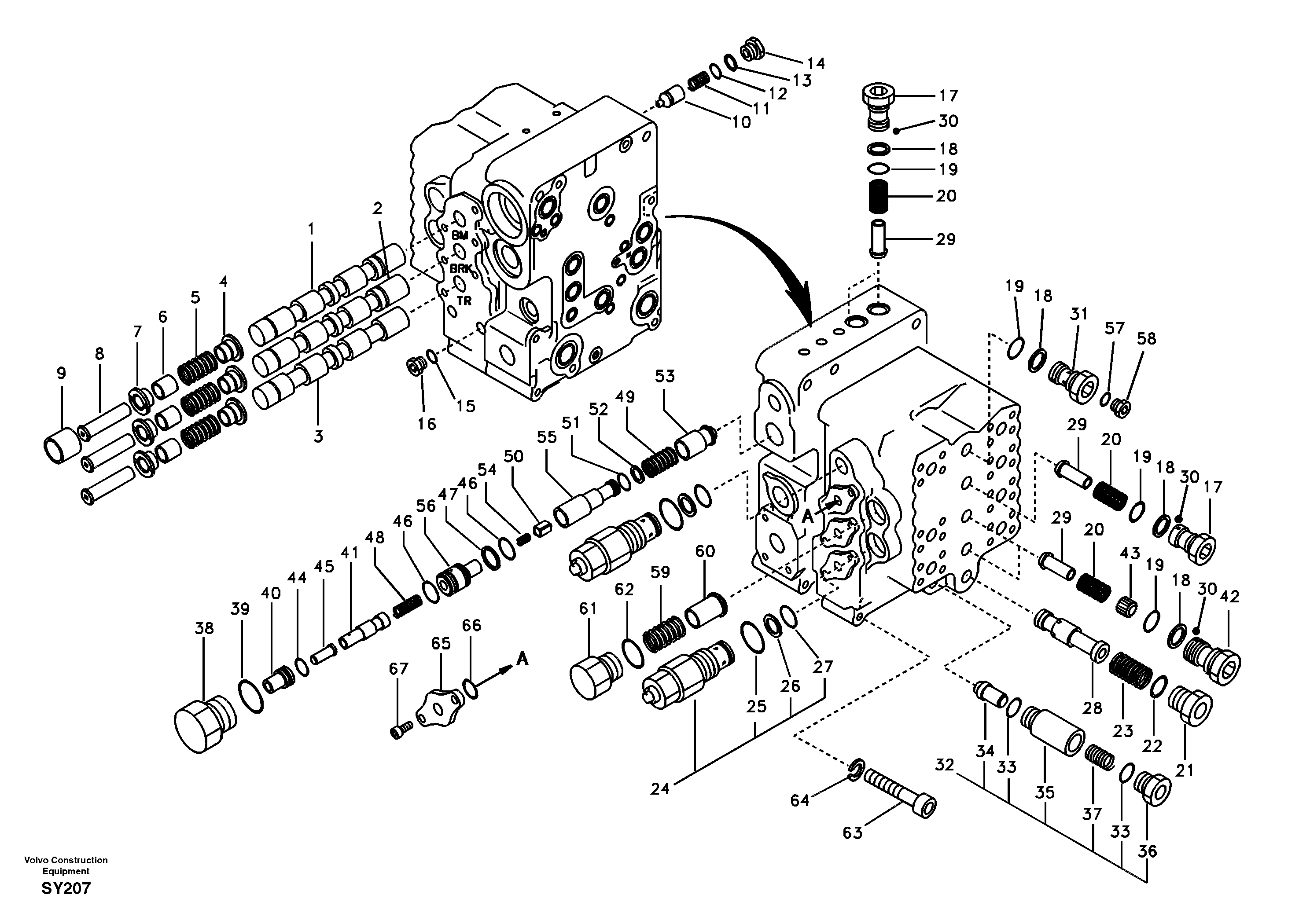 Main control valve, boom and bucket and travel Rh — volvo parts diagram