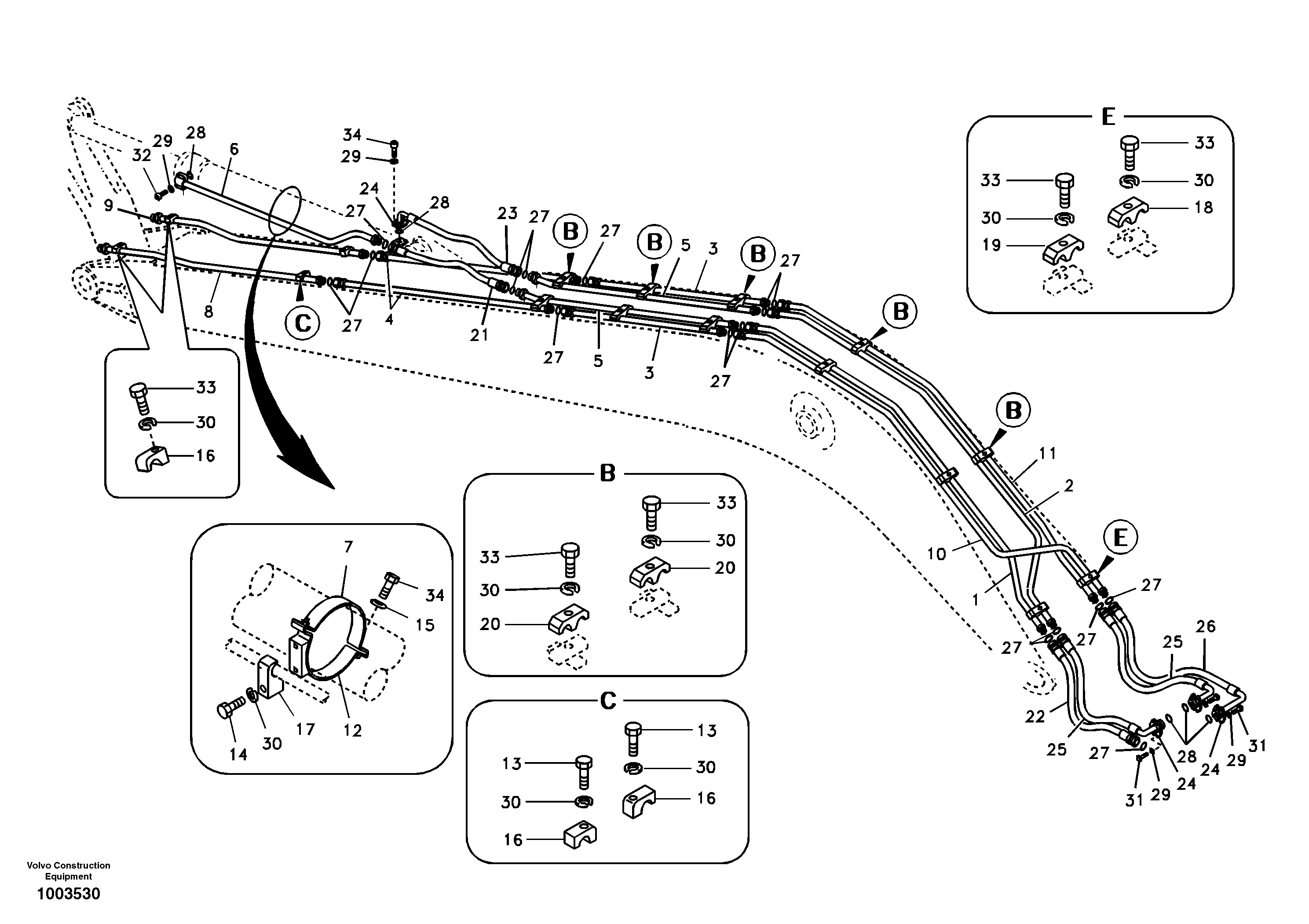 Working hydraulic, dipper arm cylinder on long boom — volvo parts diagram