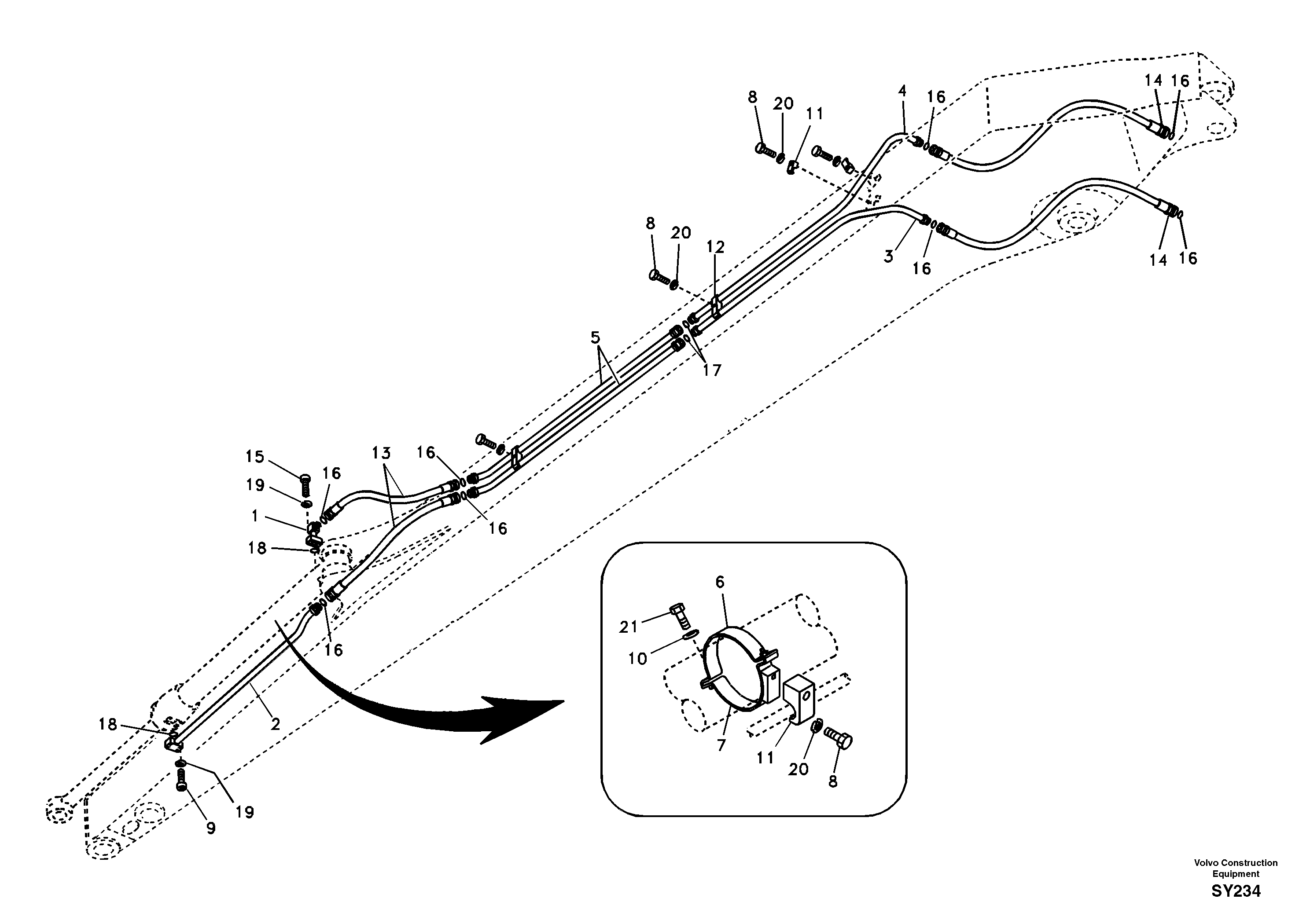 Working hydraulic, bucket cylinder on long dipper arm — volvo parts diagram