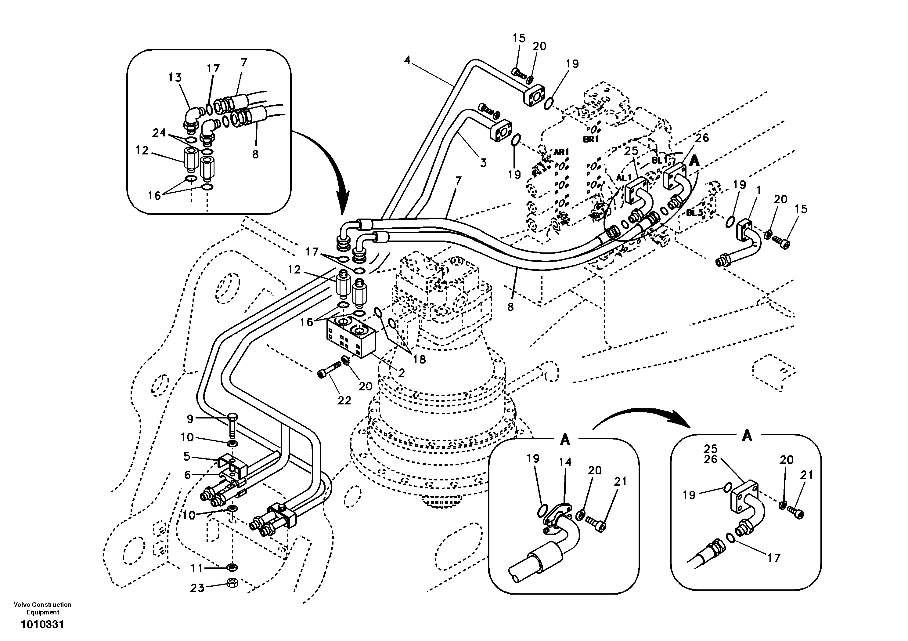 Hydraulic system, control valve to boom and swing — volvo parts diagram