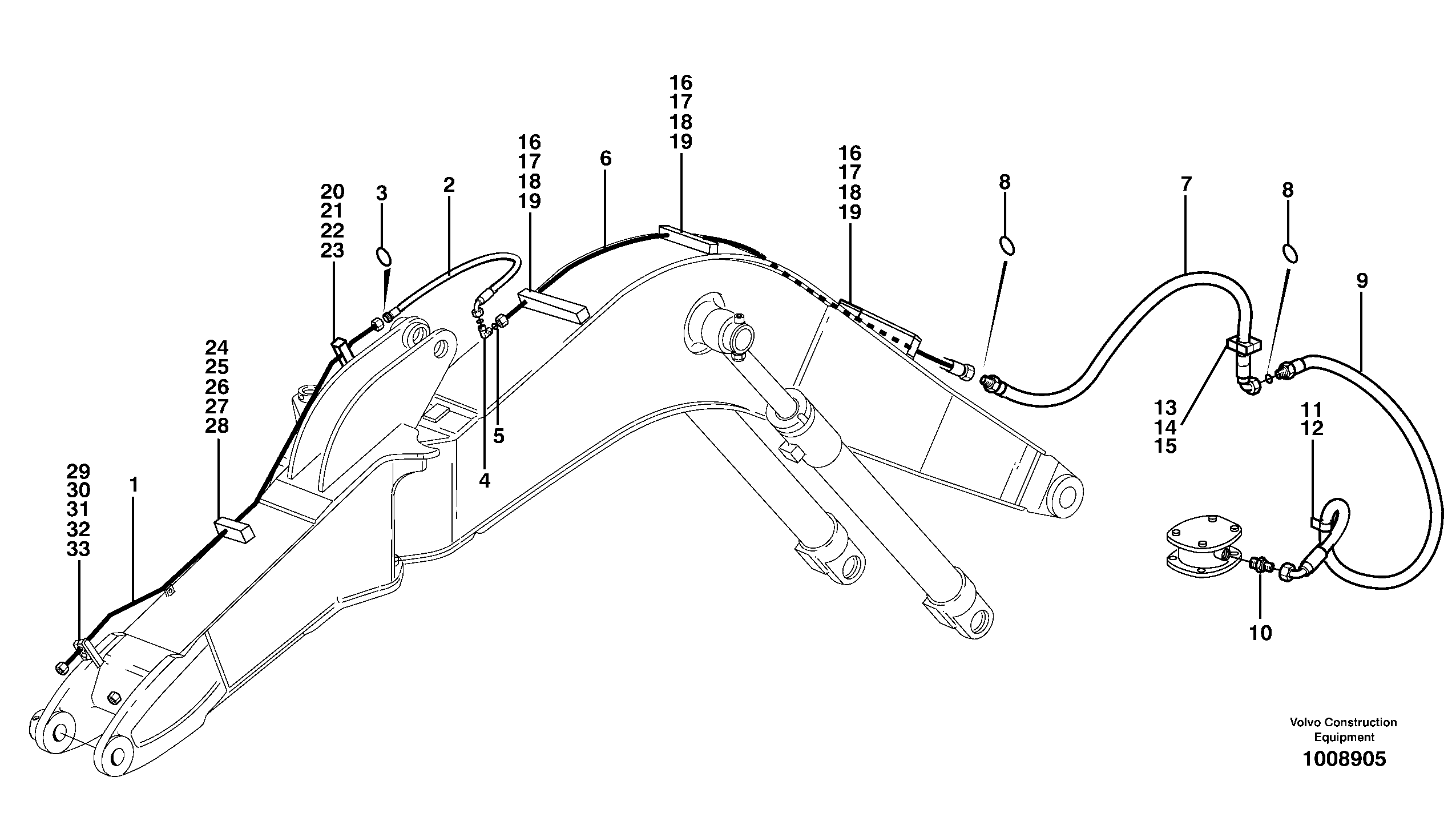 Hammer hydraulics mono boom, return line, offset  14303066 — volvo parts diagram