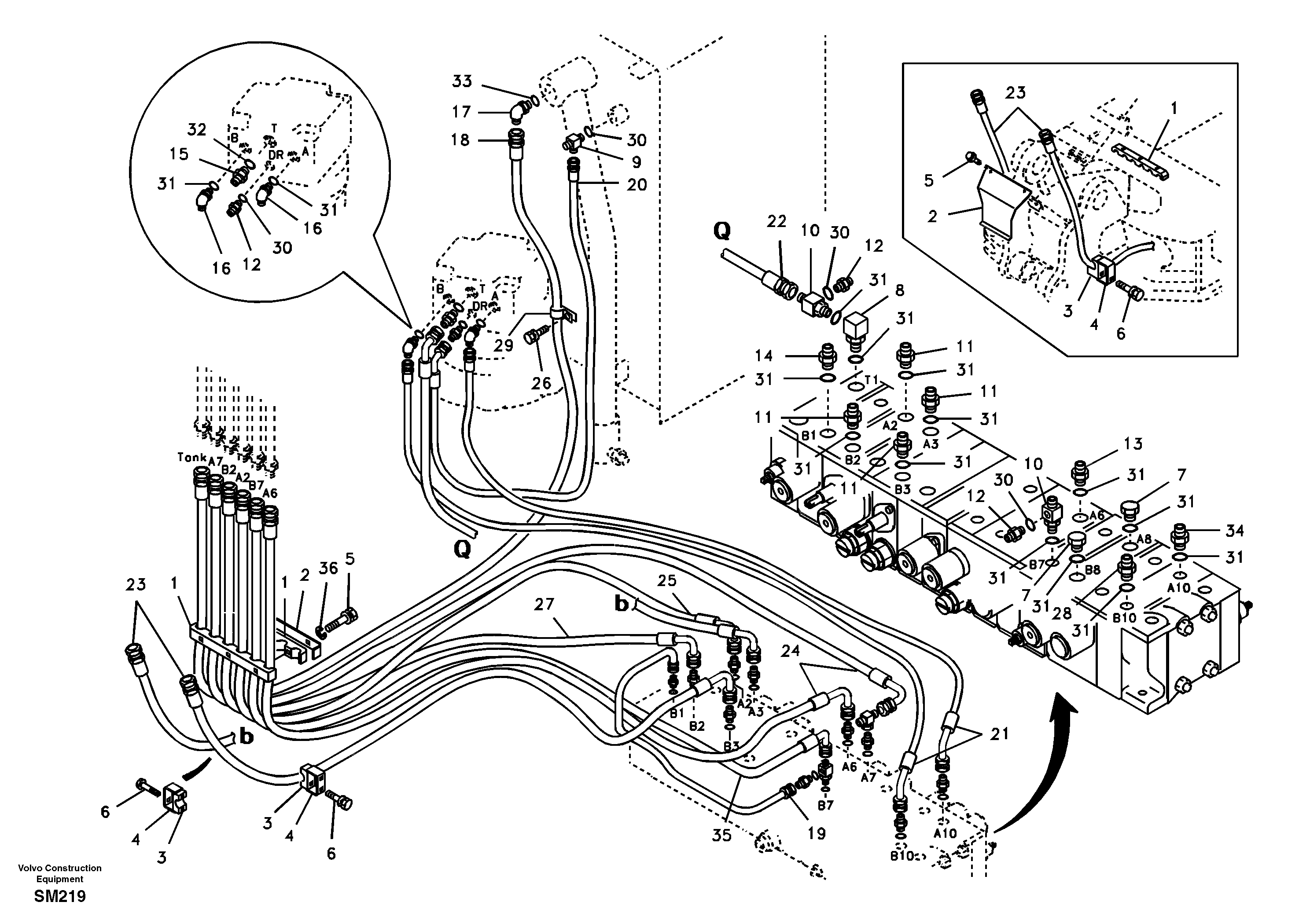 Hydraulic system, control valve to boom and swing — volvo parts diagram