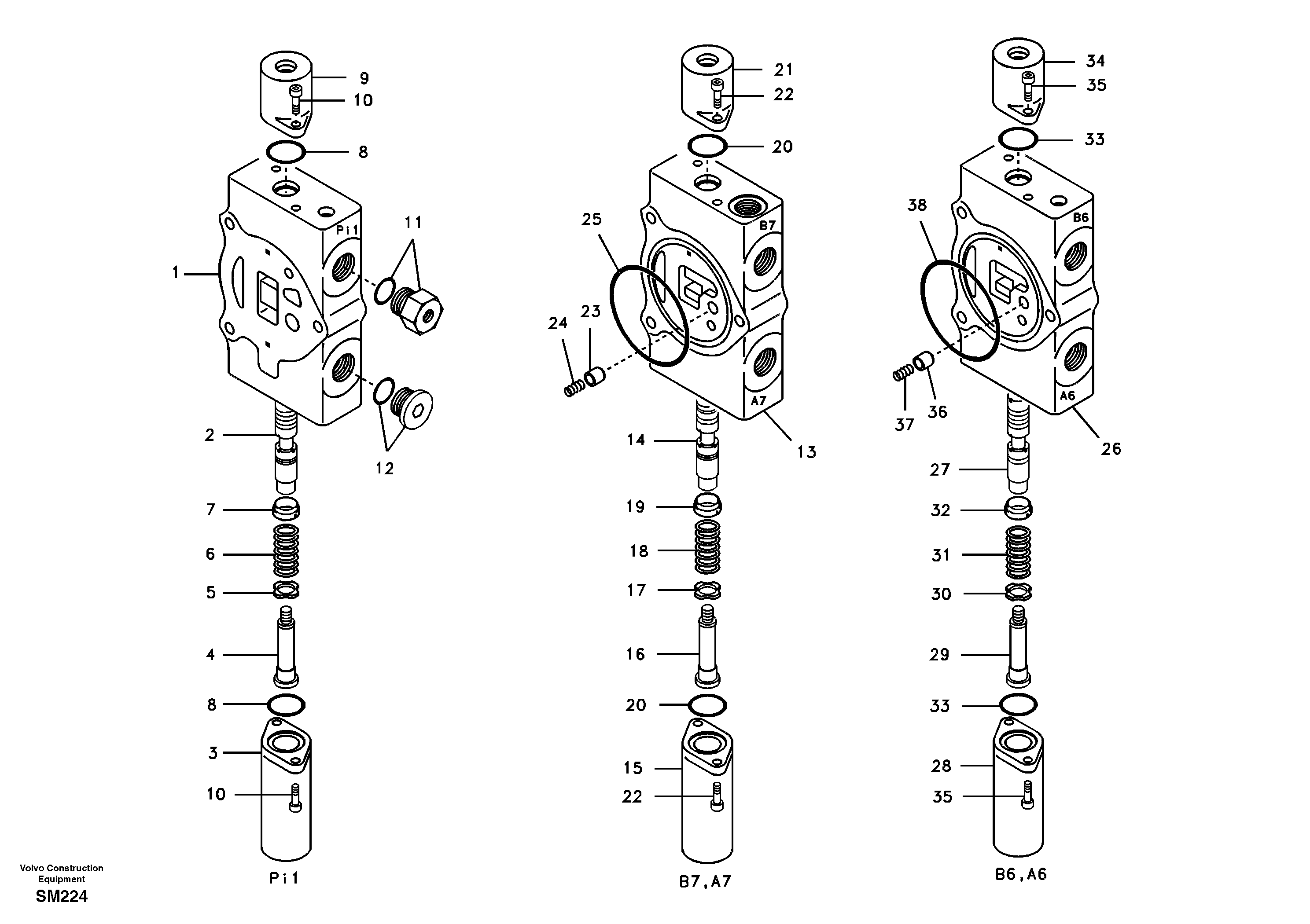 Main control valve, travel straight forward and dipper arm 1 and boom 2. — volvo parts diagram