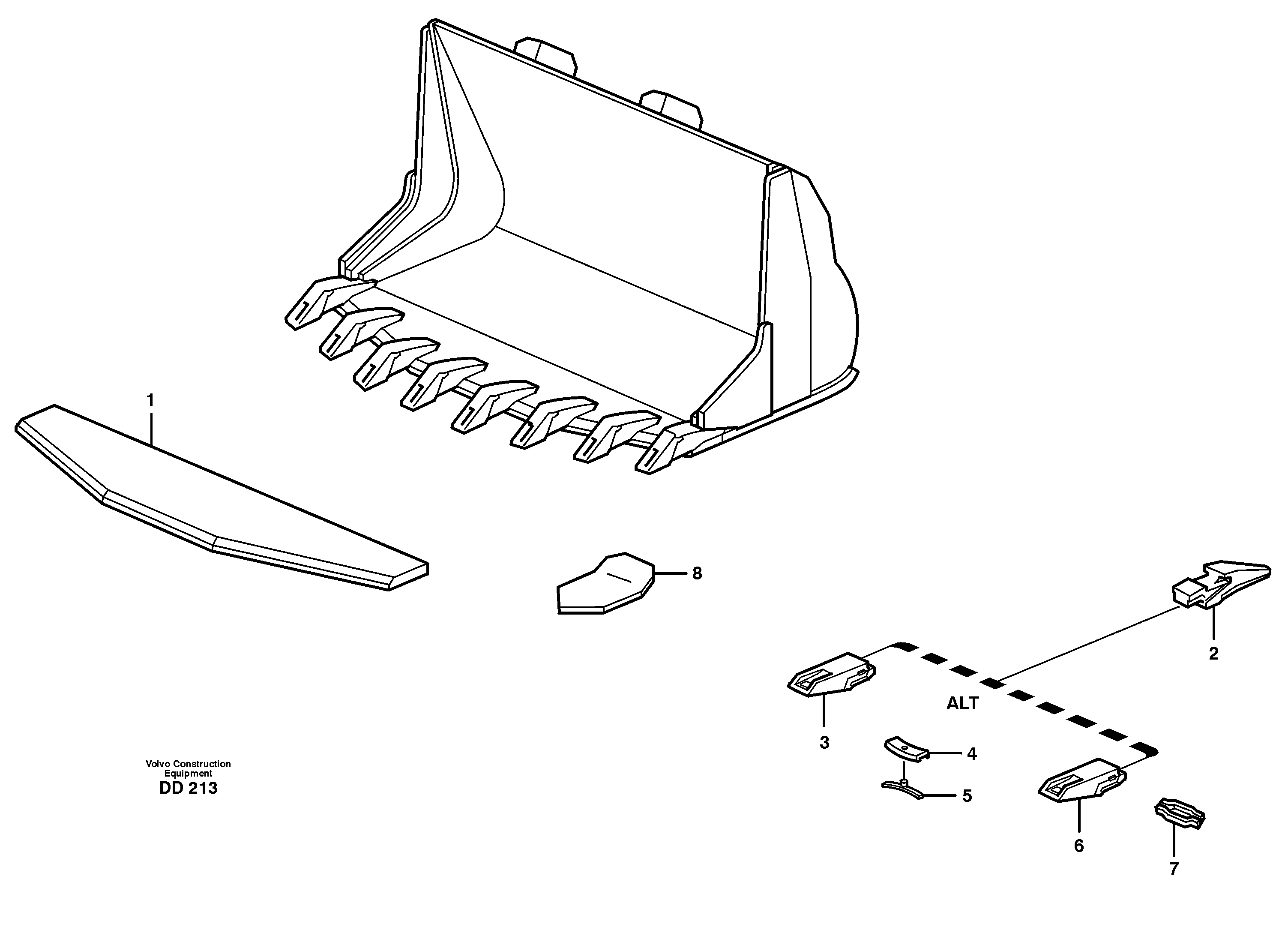 Bucket, truncated vec lip with teeth L120, L120B — volvo parts diagram