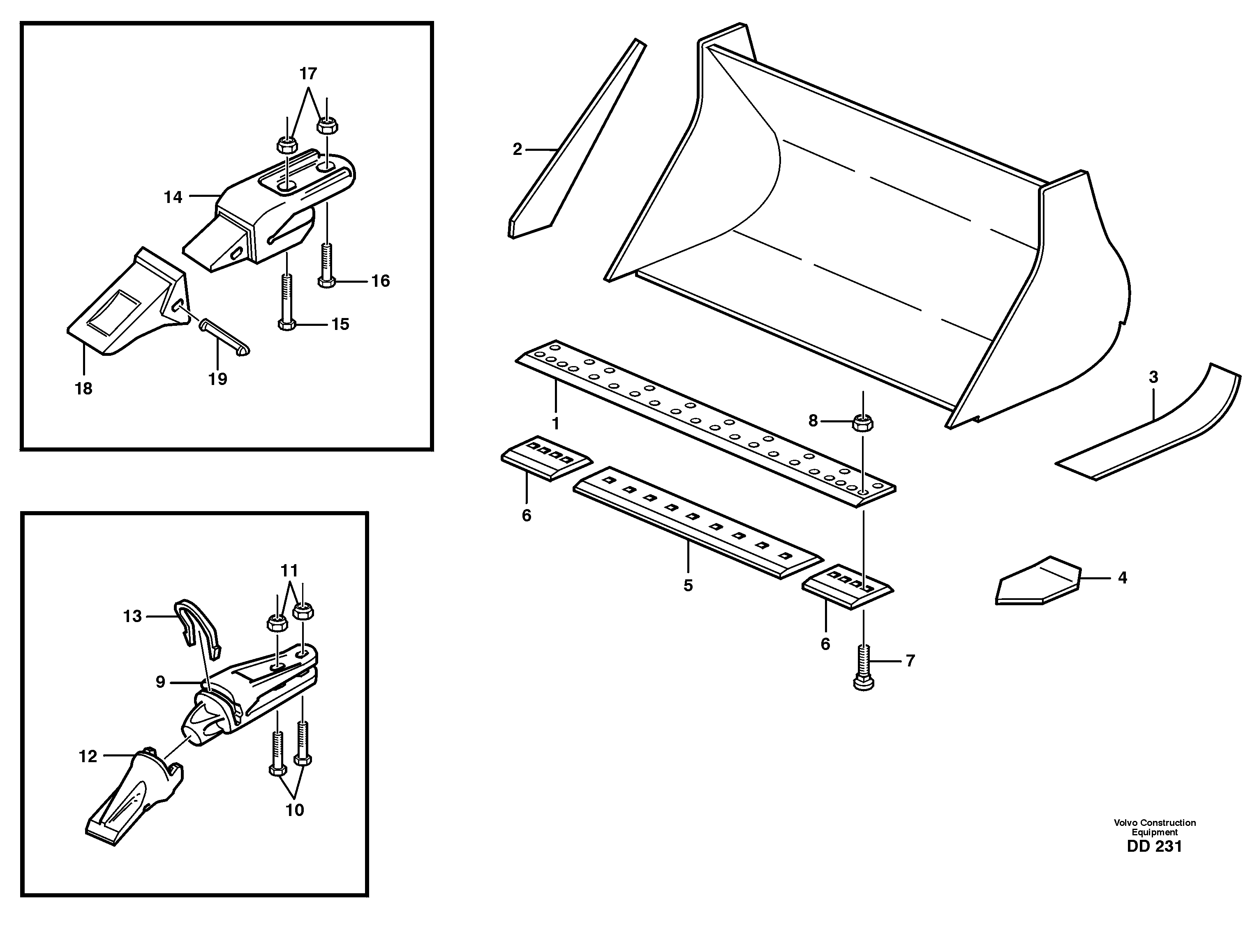 Bucket, straight lip, alt. edge savers or teeth L160 USA — volvo parts diagram