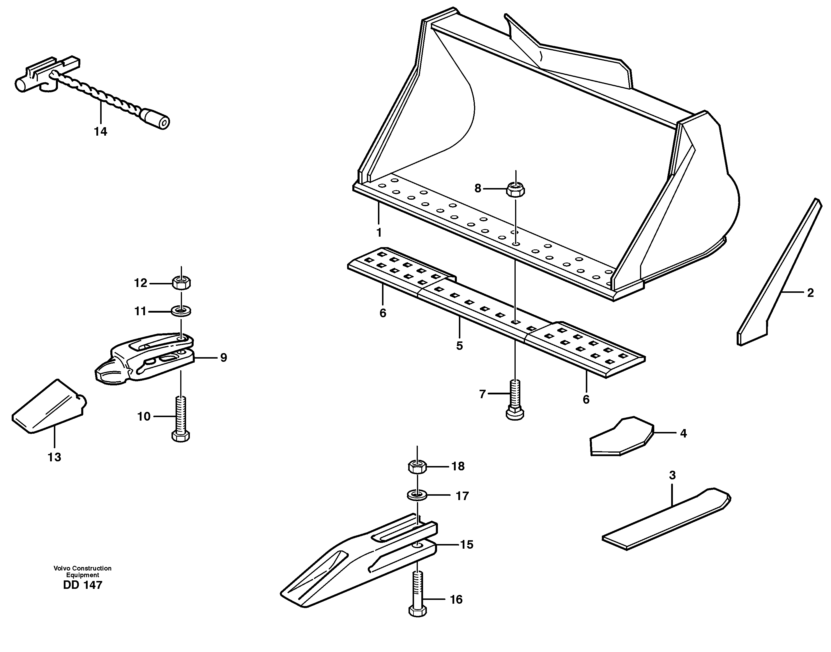 Bucket, straight lip, alt. edge savers or teeth L70B — volvo parts diagram