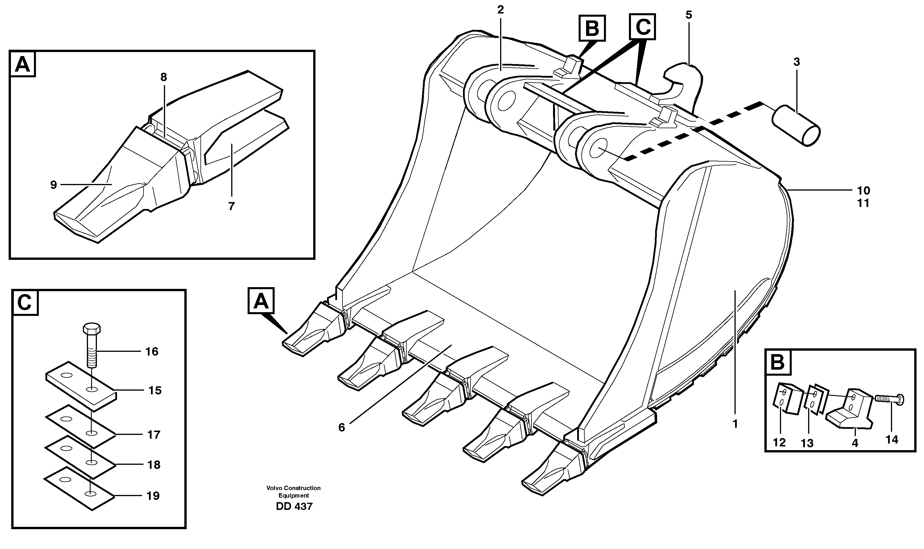 Buckets for Quickfit. S1 - S2 Esco Super V 14343666, 14343672, 14343673,
					14343674, 14343961 — volvo parts diagram