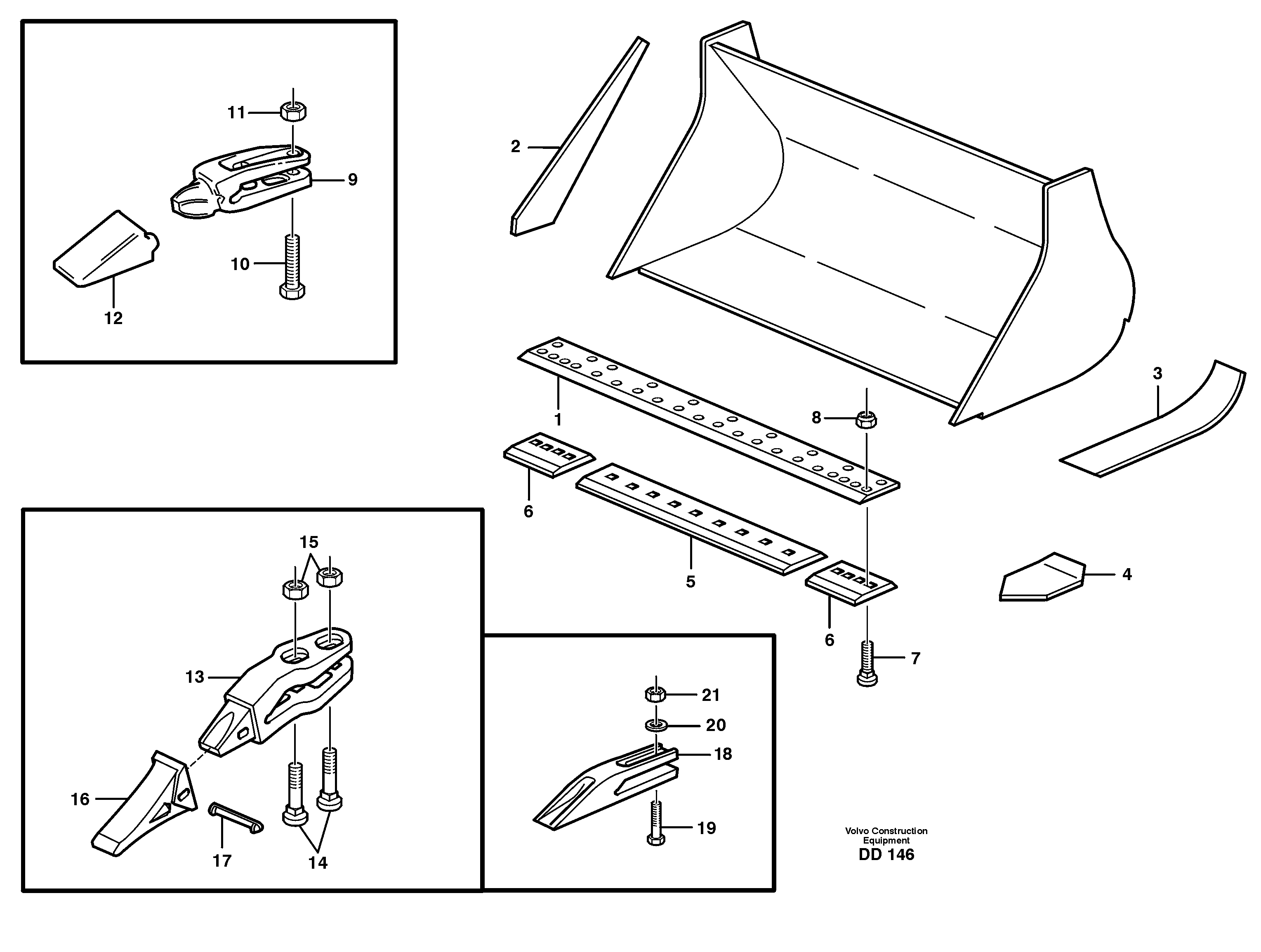 Bucket, straight lip, alt. edge savers or teeth L70 USA — volvo parts diagram