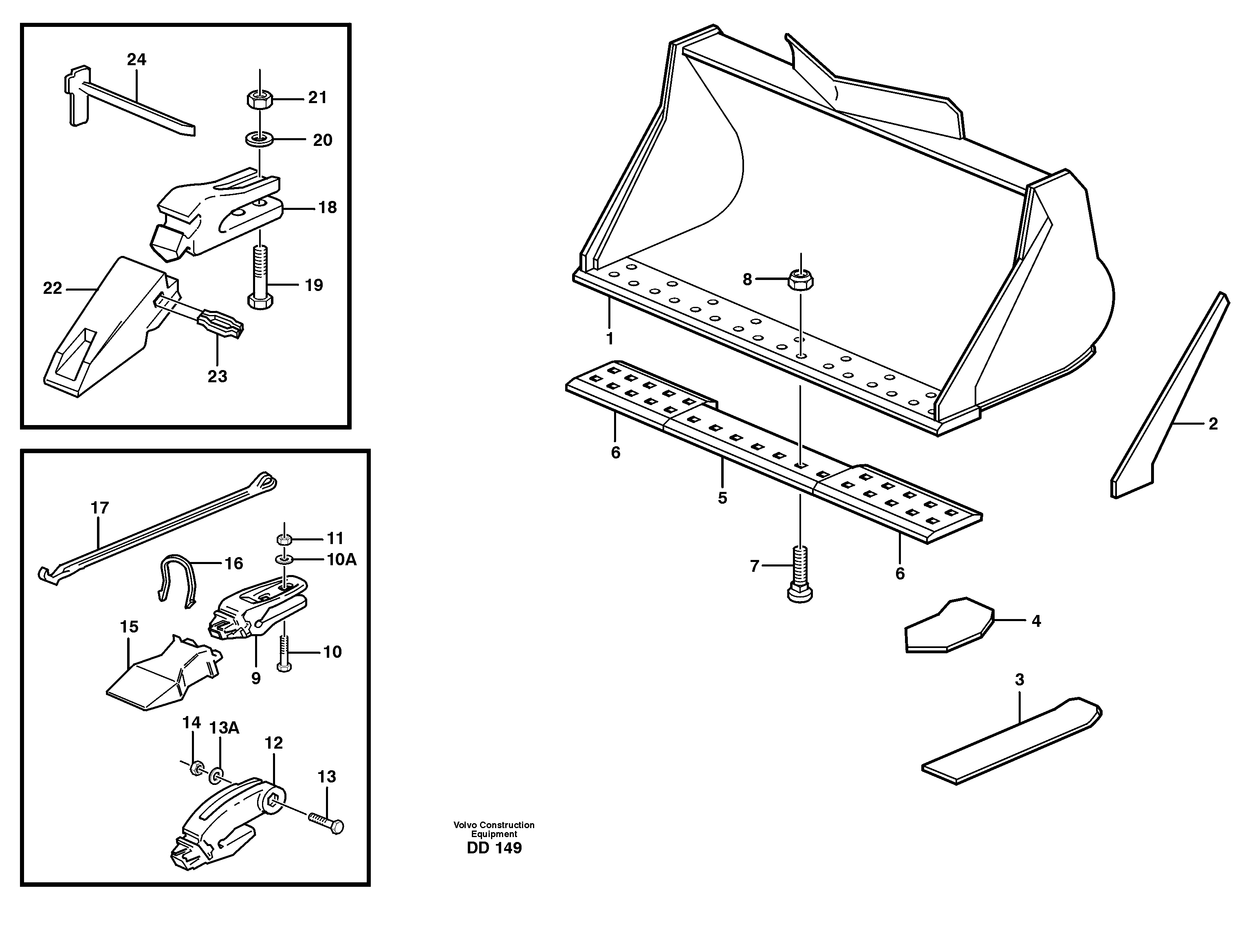 Bucket, straight lip, alt. edge savers or teeth L90C — volvo parts diagram