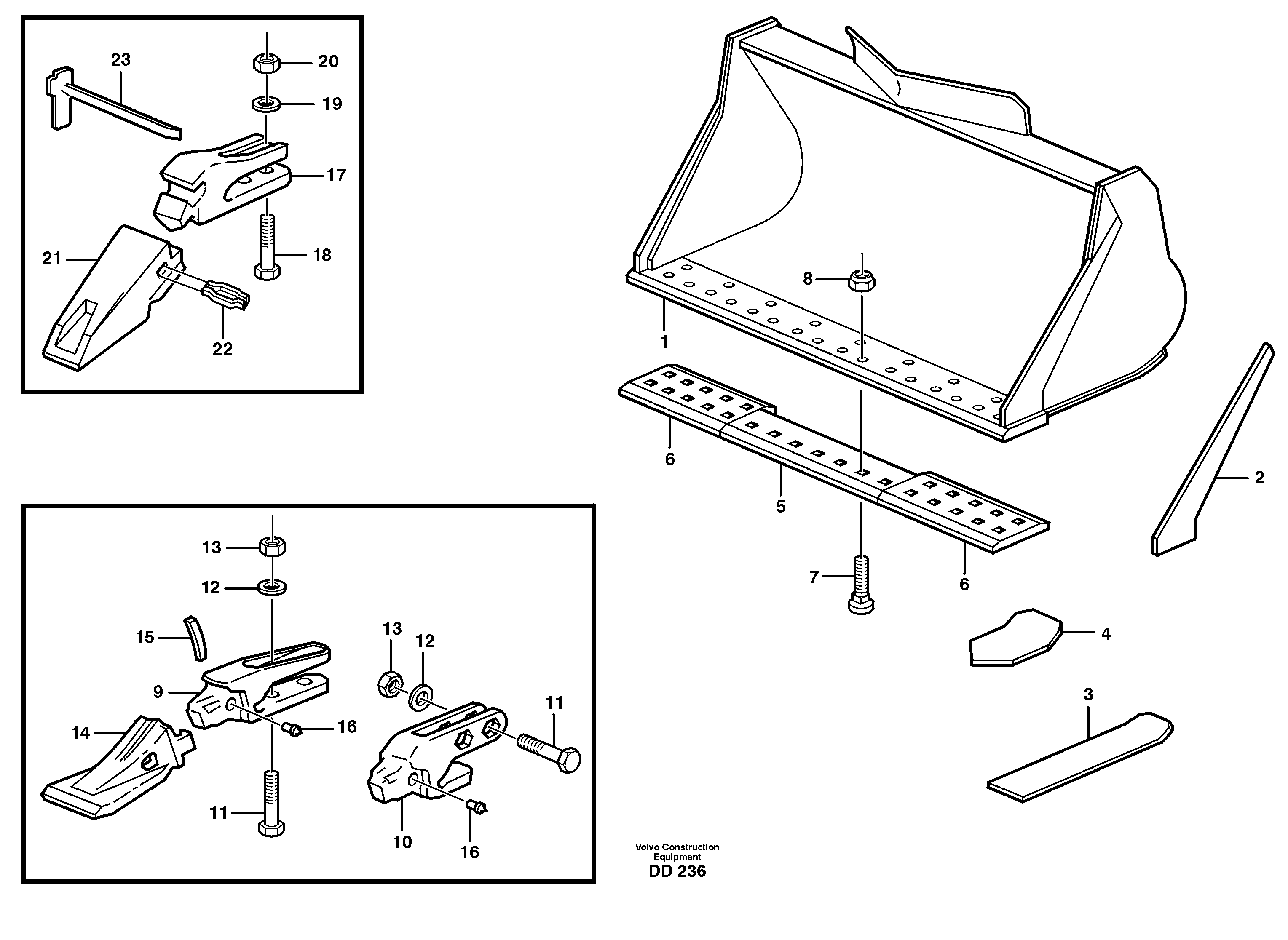 Bucket, straight lip, alt. edge savers or teeth L180, L180C — volvo parts diagram