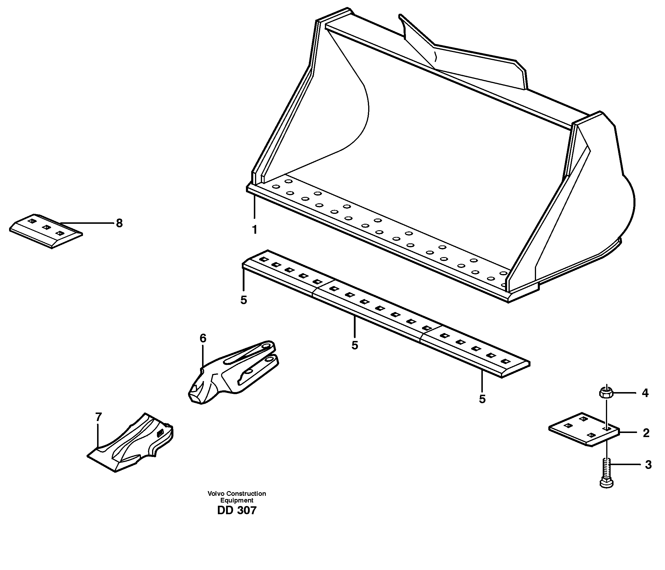 Bucket, straight lip, alt. edge savers or teeth L150, L150C, L150D, L150E — volvo parts diagram