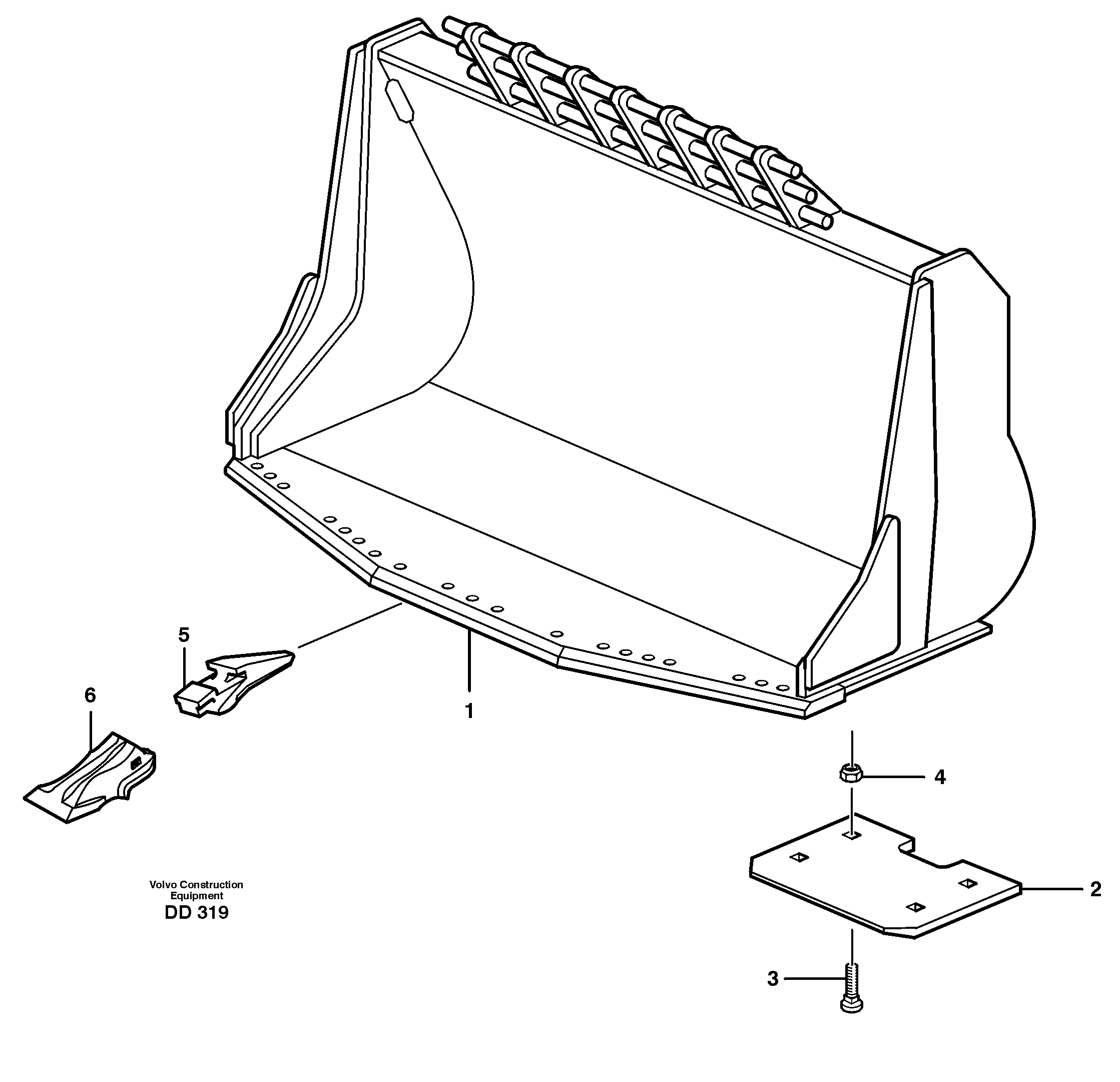 Bucket, truncated vec lip with teeth L90C, L90D, L90E — volvo parts diagram
