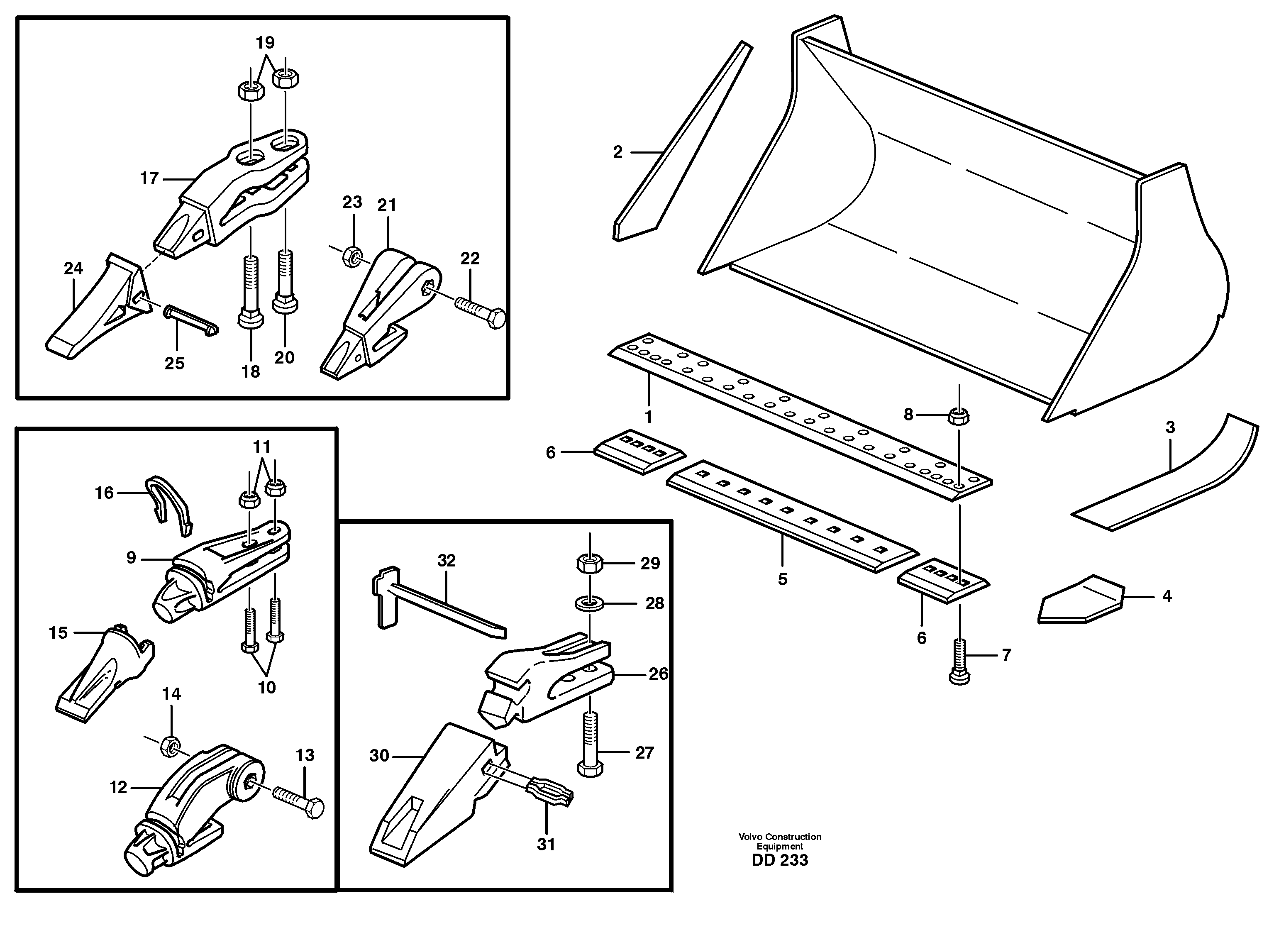 Bucket, straight lip, alt. edge savers or teeth L160 USA — volvo parts diagram