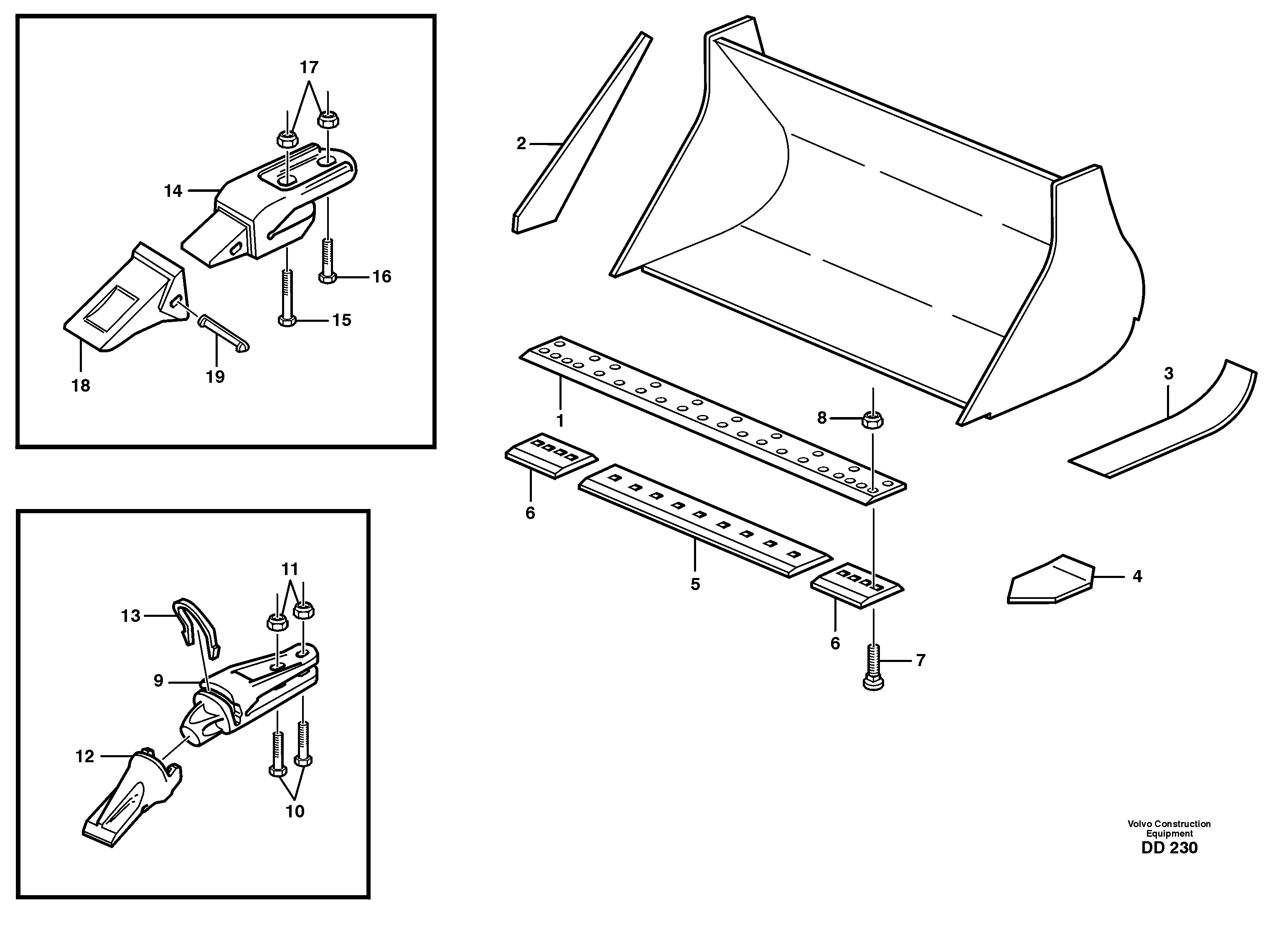 Bucket, straight lip, alt. edge savers or teeth L160 USA — volvo parts diagram