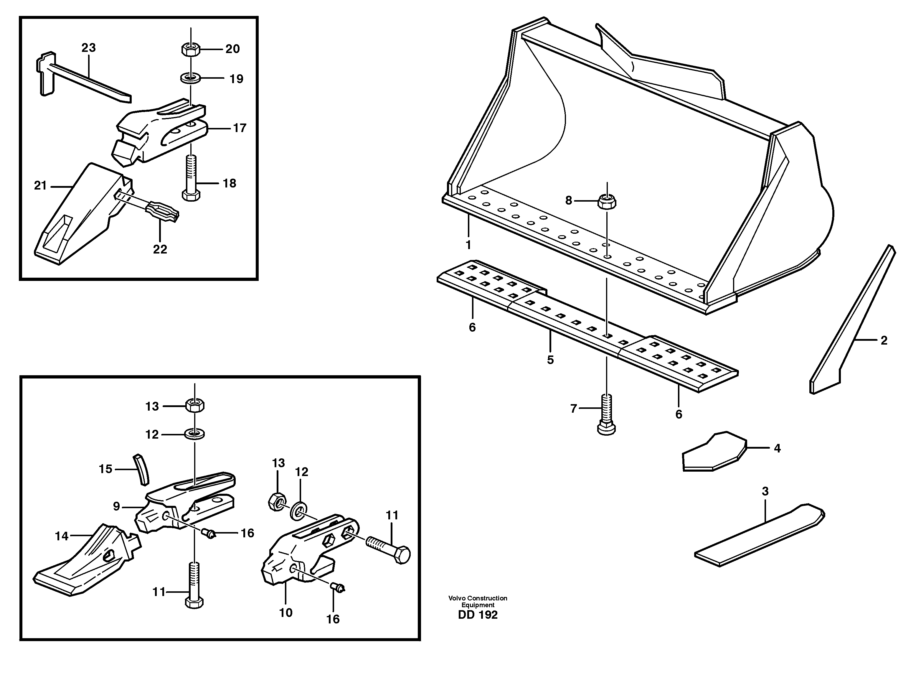Bucket, straight lip, alt. edge savers or teeth L150, L150C — volvo parts diagram