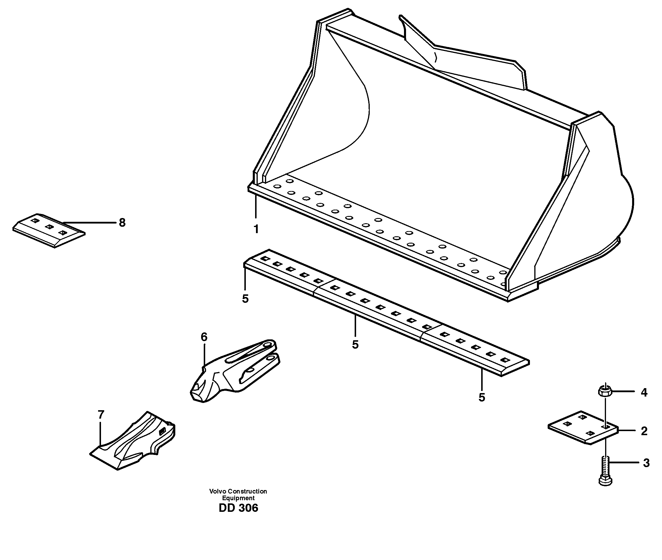 Bucket, straight lip, alt. edge savers or teeth L150, L150C, L150D, L150E — volvo parts diagram