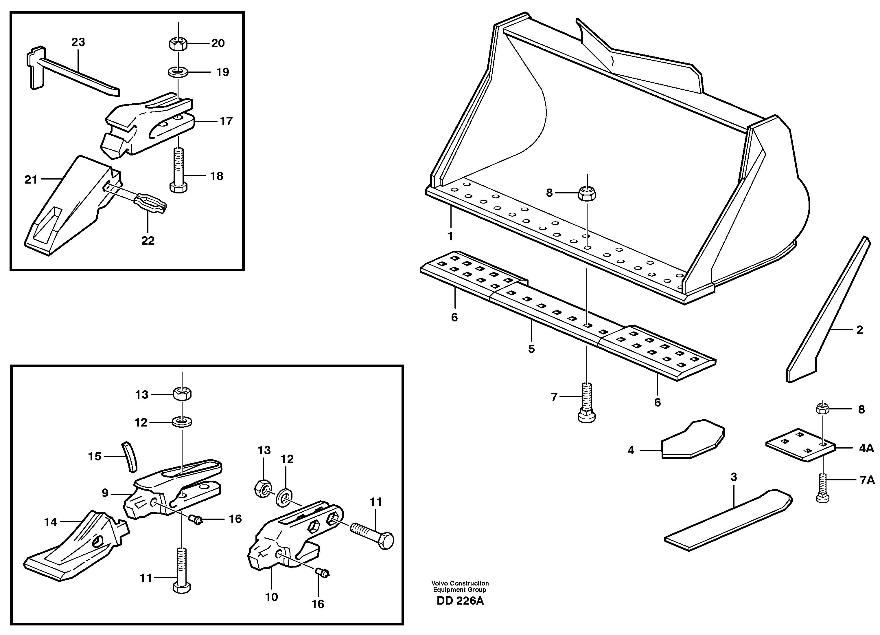 Bucket, straight lip, alt. edge savers or teeth L150, L150C, 150D, L150E — volvo parts diagram